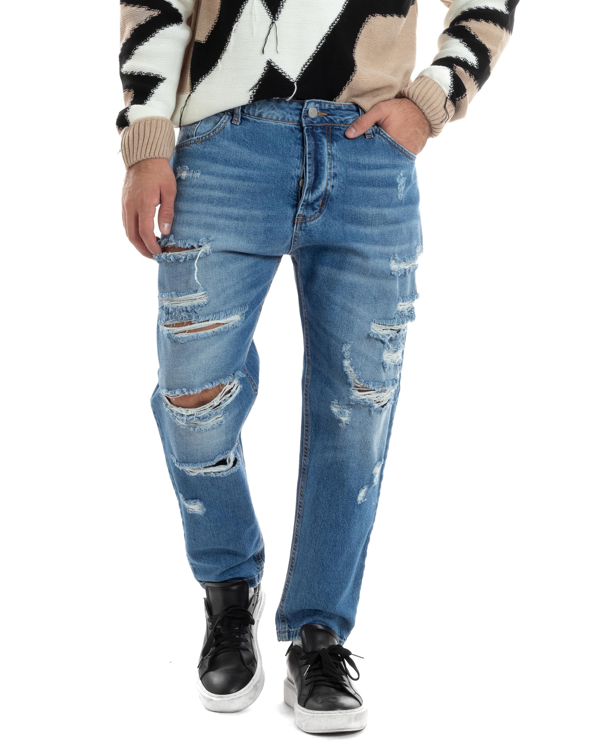 Jeans Uomo Con Rotture Stone Washed Pantaloni Cinque Tasche Cotone Casual Lavaggio Medio Denim GIOSAL-JS1058A