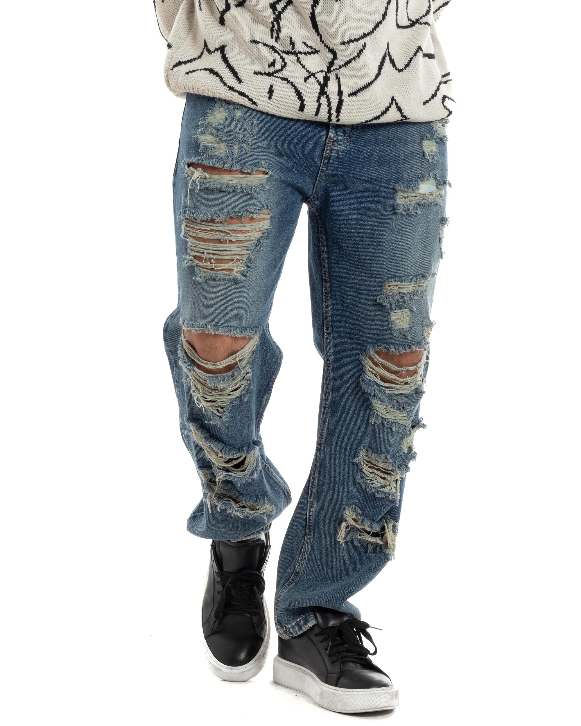 Jeans Uomo Sabbiato Pantaloni Con Rotture Streetwear Cinque Tasche Straight Fit Casual Stone Washed Cotone Denim GIOSAL-JS1059A