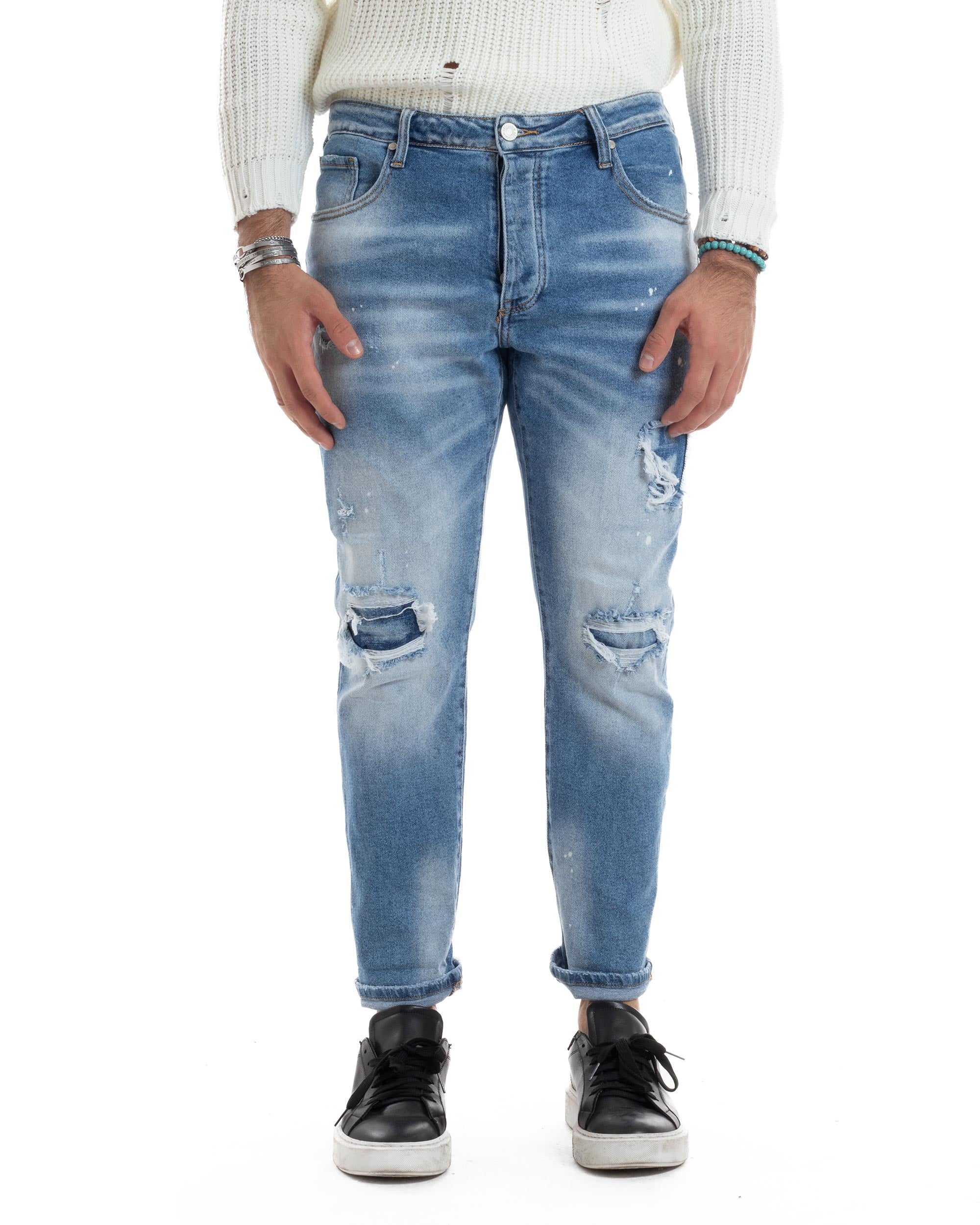 Jeans Uomo Cinque Tasche Sfumato Con Rotture Slim Fit Casual Denim Chiaro GIOSAL-JS1066A