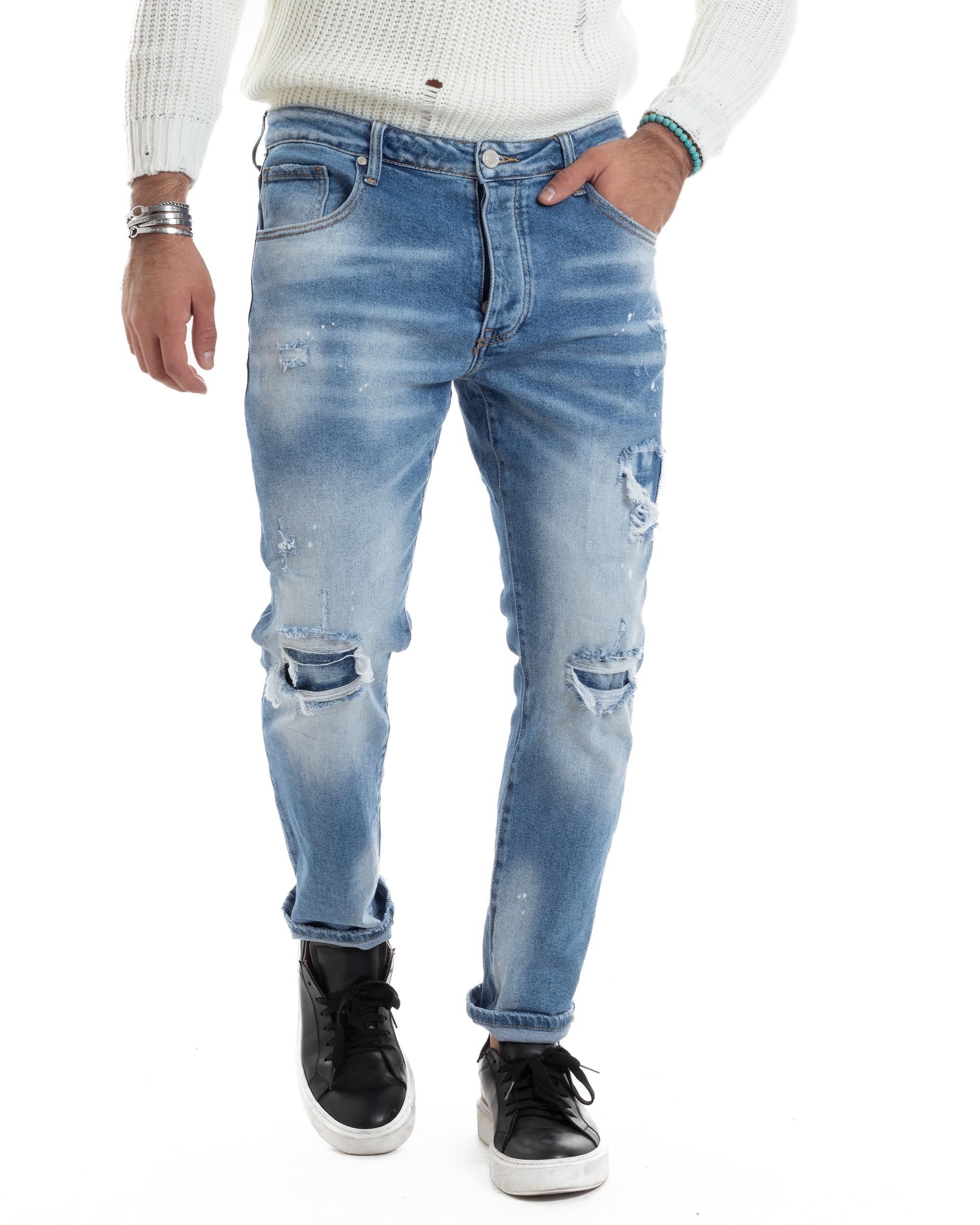 Jeans Uomo Cinque Tasche Sfumato Con Rotture Slim Fit Casual Denim Chi
