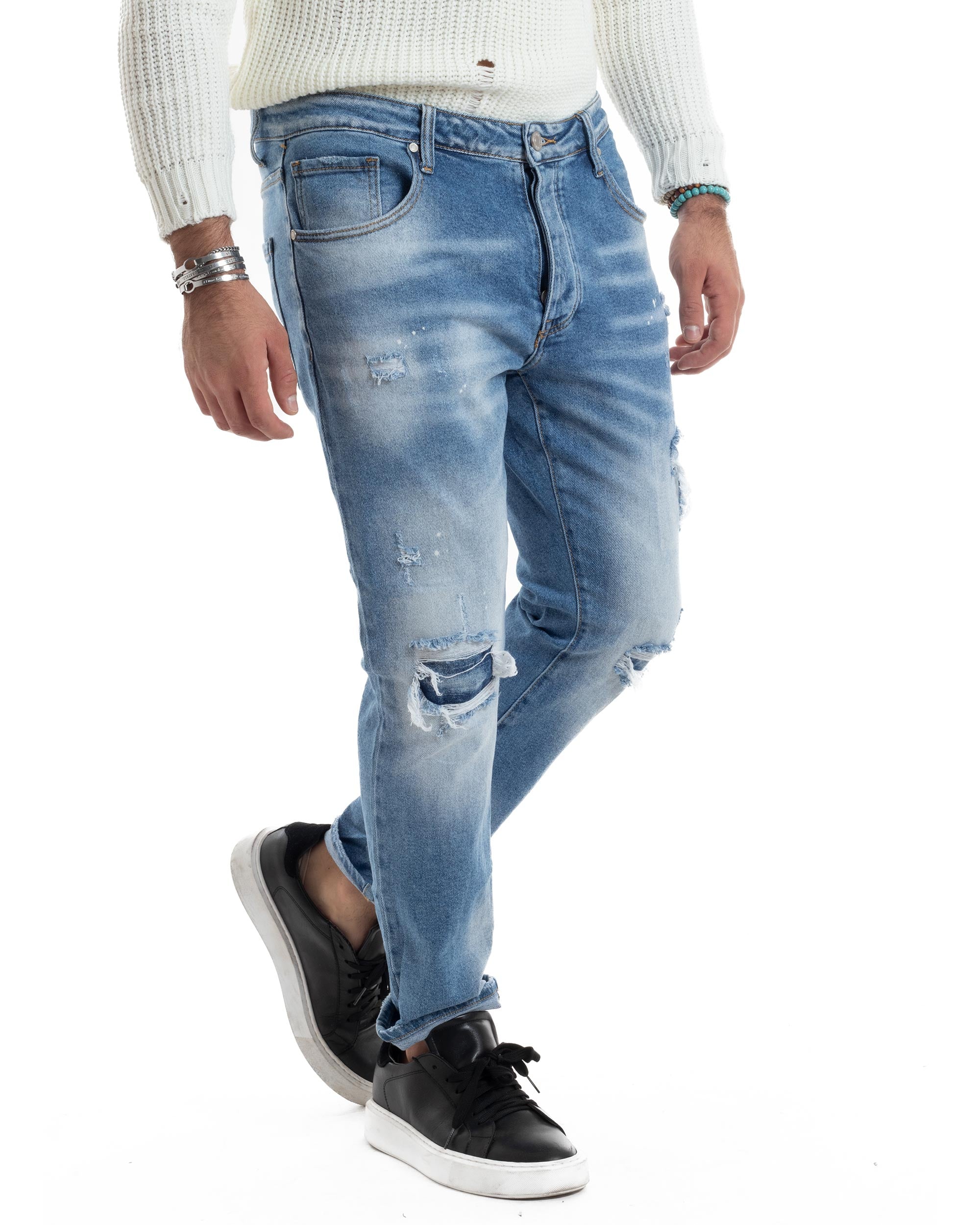 Jeans Uomo Cinque Tasche Sfumato Con Rotture Slim Fit Casual Denim Chiaro GIOSAL-JS1066A