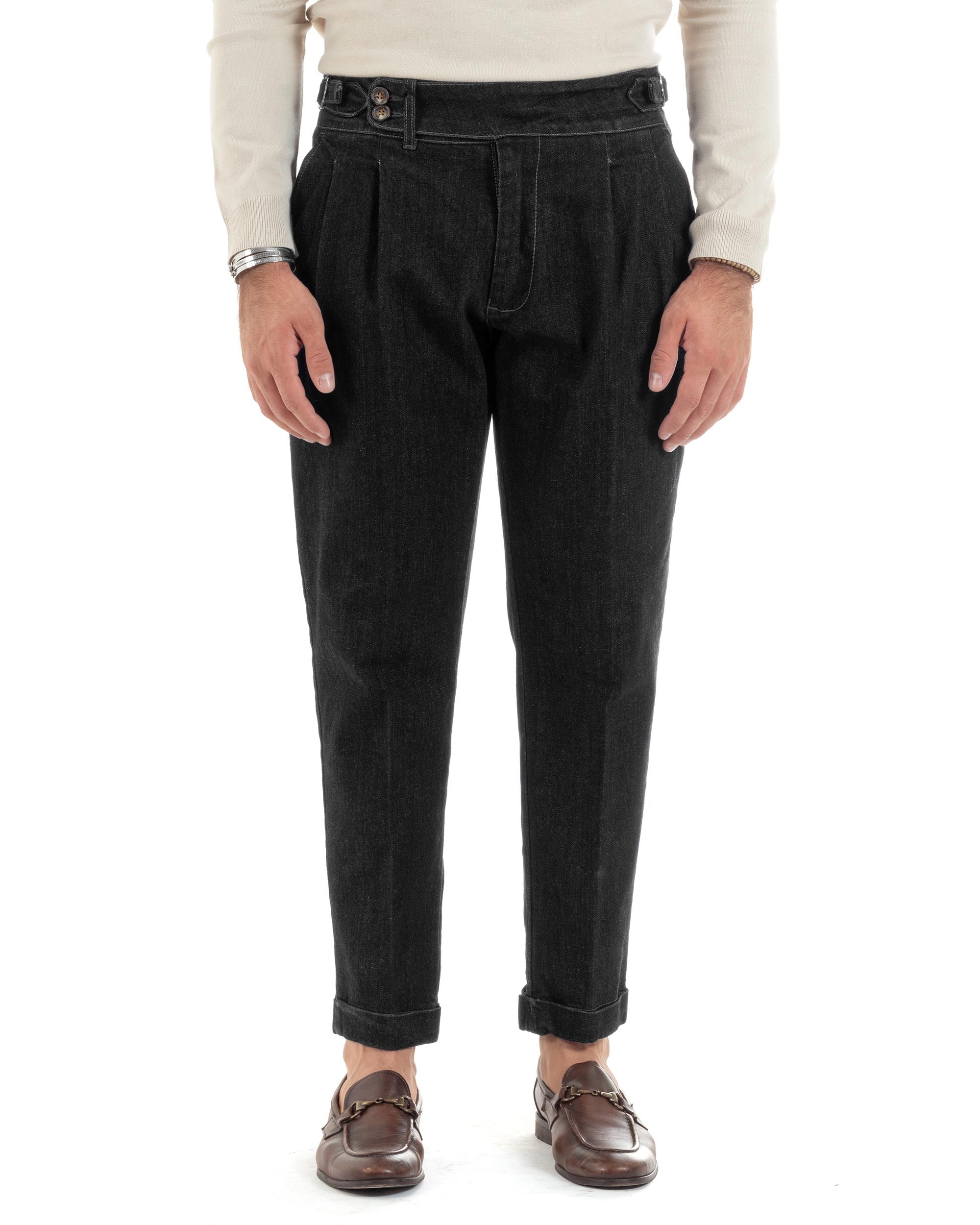 Jeans Uomo Denim Tasca America Pantaloni Uomo Classico Con Pinces Vita Alta Gurkha Pants Abbottonatura Allungata Fibbie Casual Nero GIOSAL-JS1069A