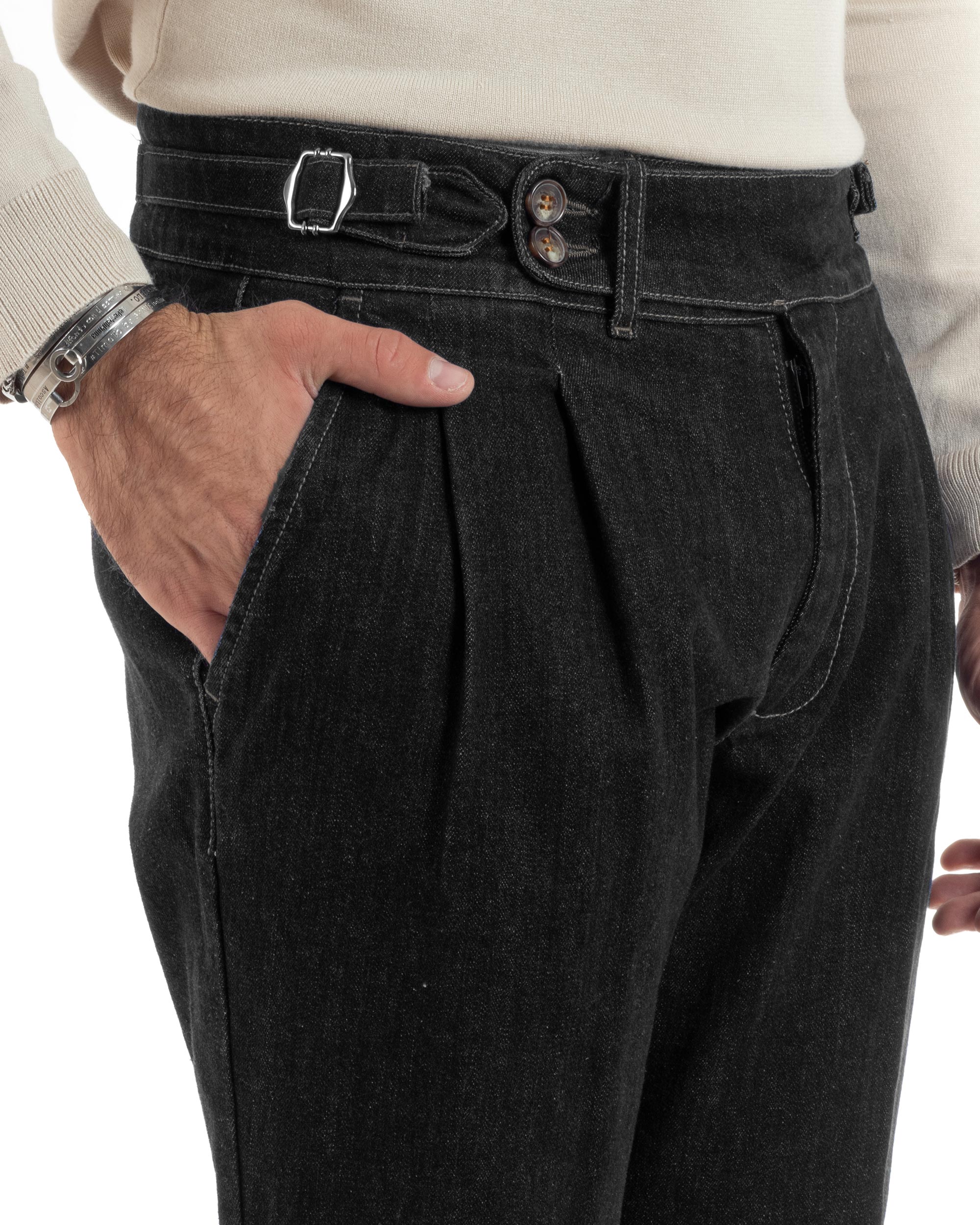 Jeans Uomo Denim Tasca America Pantaloni Uomo Classico Con Pinces Vita Alta Gurkha Pants Abbottonatura Allungata Fibbie Casual Nero GIOSAL-JS1069A