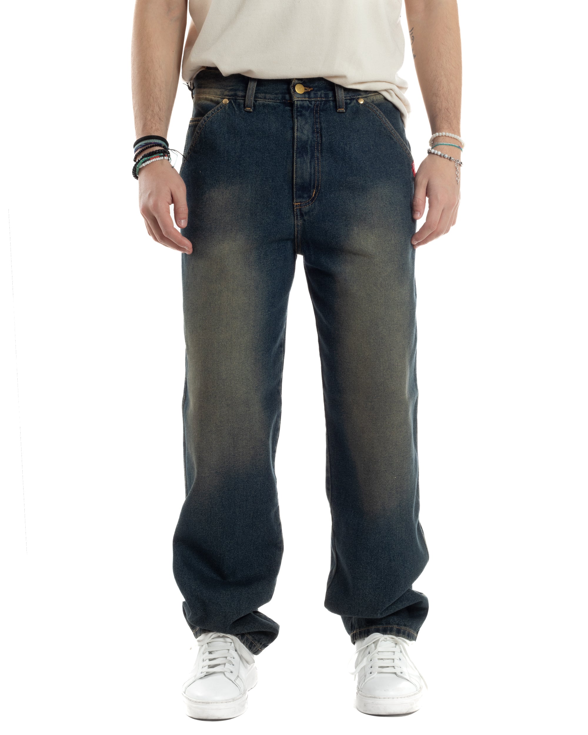 Jeans Uomo Pantaloni Baggy Cinque Tasche Comodo Basic Wide Fit Casual Denim Sabbiato GIOSAL-JS1070A