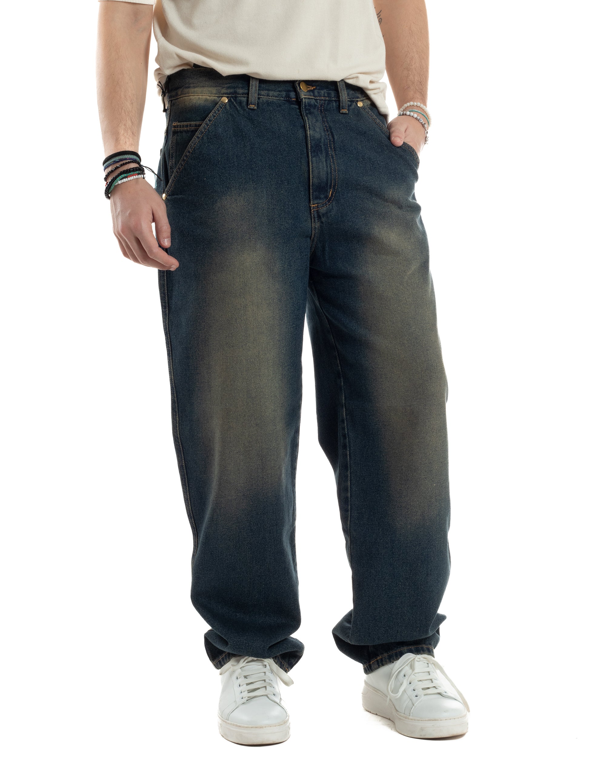 Jeans Uomo Pantaloni Baggy Cinque Tasche Comodo Basic Wide Fit Casual Denim Sabbiato GIOSAL-JS1070A
