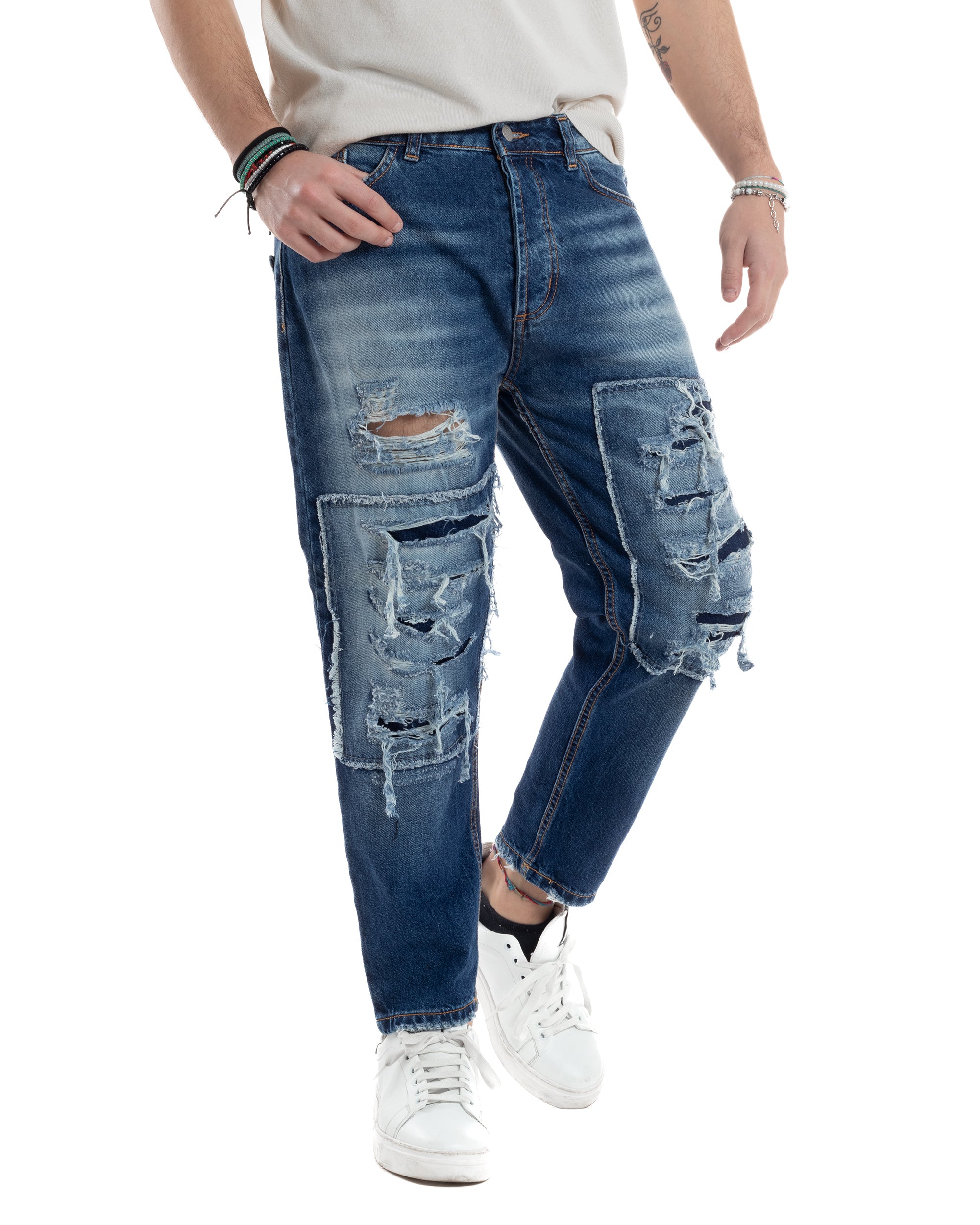 Jeans Uomo Cinque Tasche Stone Washed Con Rotture Comodo Regular Fit Casual Denim GIOSAL-JS1071A