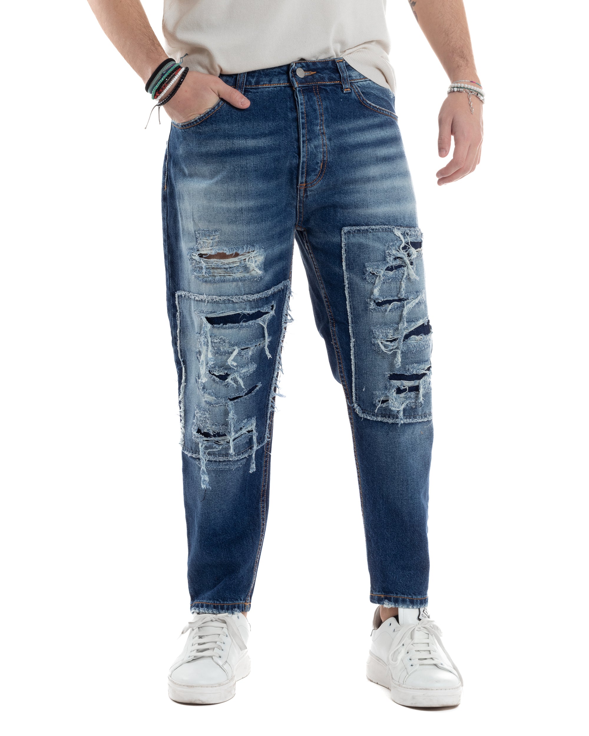 Jeans Uomo Cinque Tasche Stone Washed Con Rotture Comodo Regular Fit Casual Denim GIOSAL-JS1071A