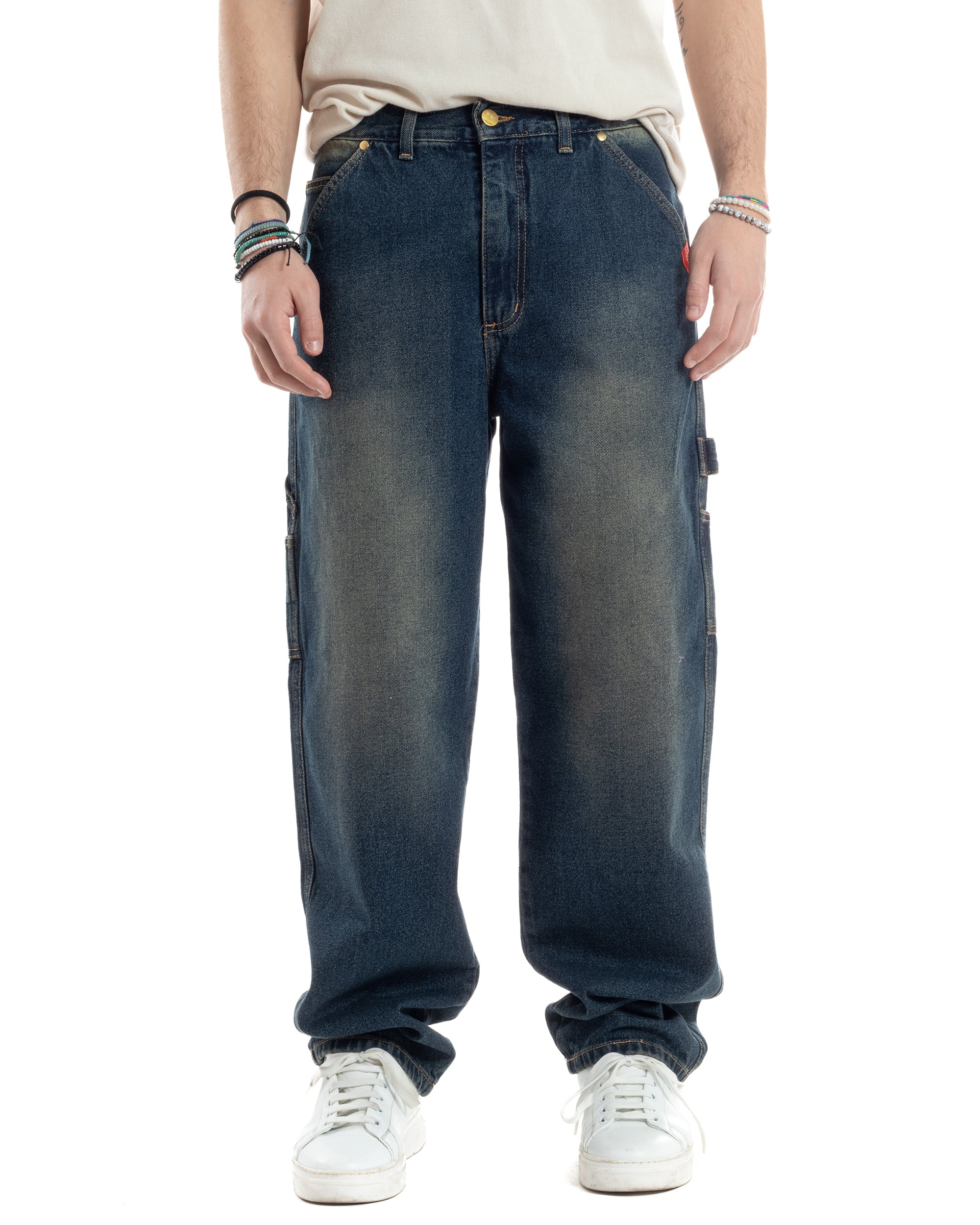 Jeans Uomo Pantaloni Baggy Carpenter Worker Cinque Tasche Comodo Basic Wide Fit Denim Sabbiato GIOSAL-JS1072A