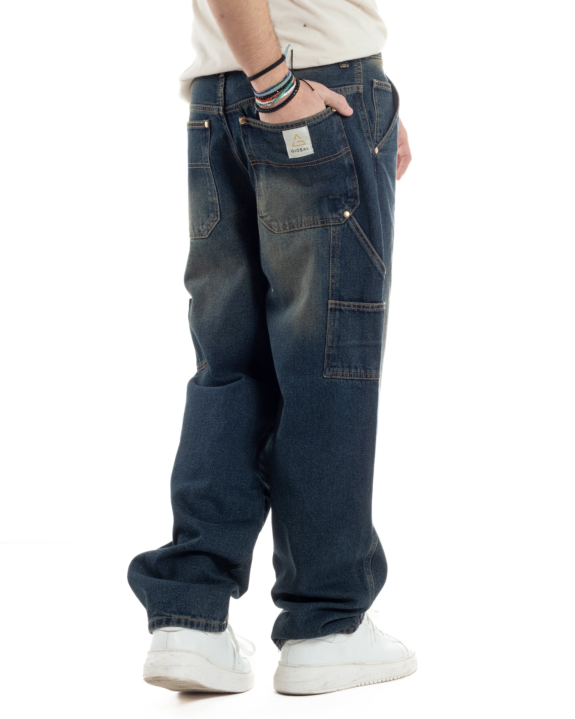 Jeans Uomo Pantaloni Baggy Carpenter Worker Cinque Tasche Comodo Basic Wide Fit Denim Sabbiato GIOSAL-JS1072A