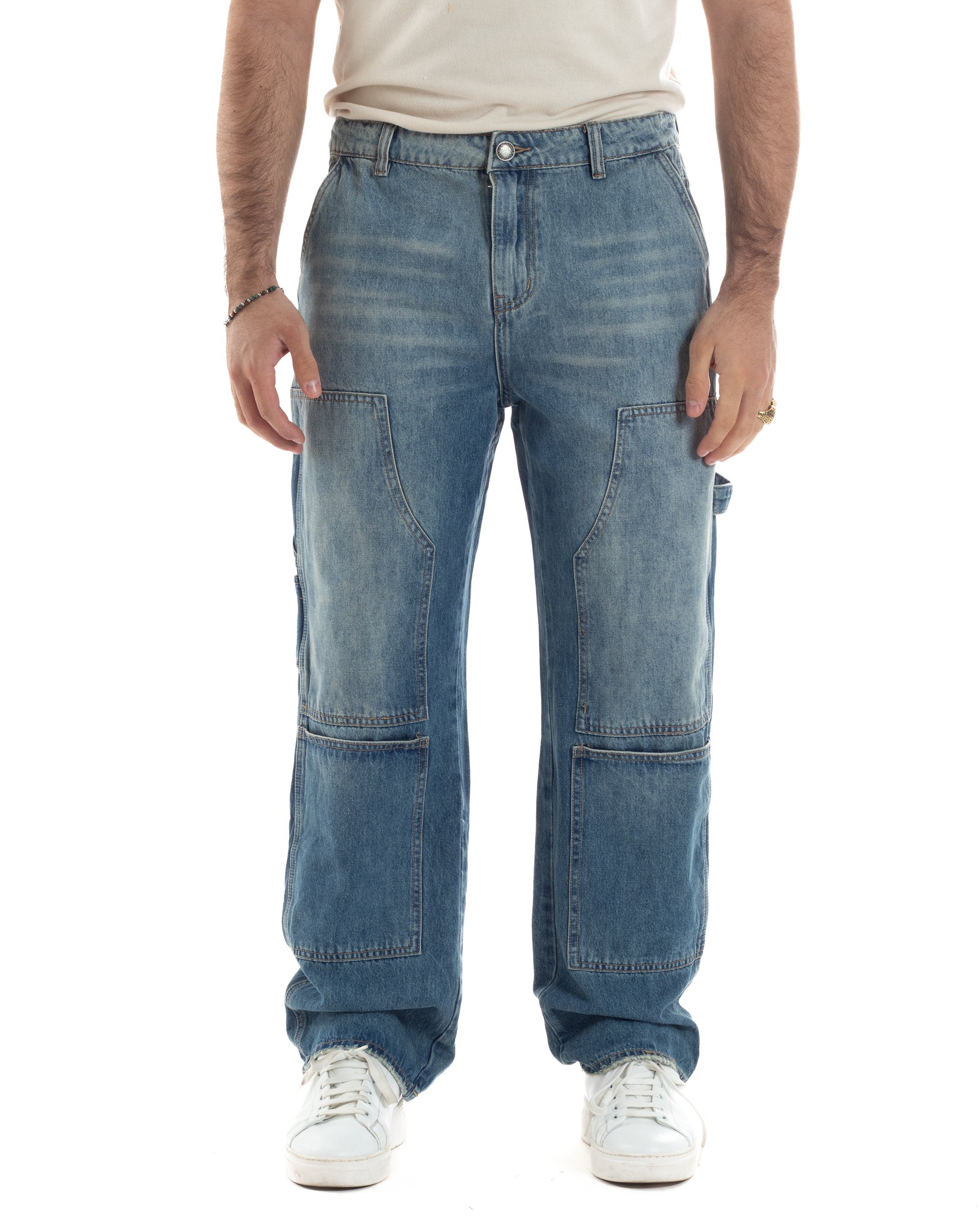 Jeans Uomo Carpenter Baggy Pantaloni Cargo Fondo Largo Stone Washed Denim GIOSAL-JS1076A