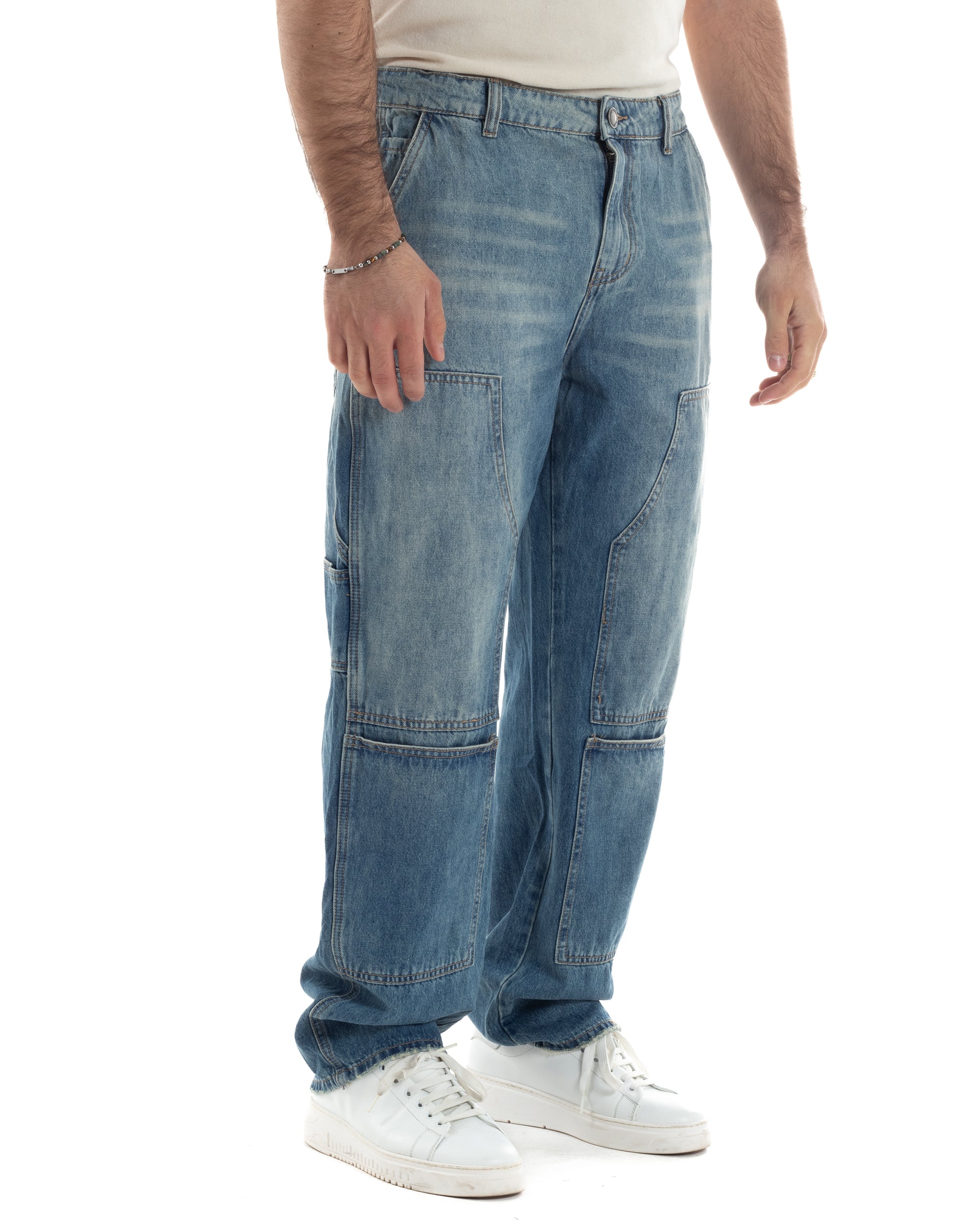 Jeans Uomo Carpenter Baggy Pantaloni Cargo Fondo Largo Stone Washed Denim GIOSAL-JS1076A