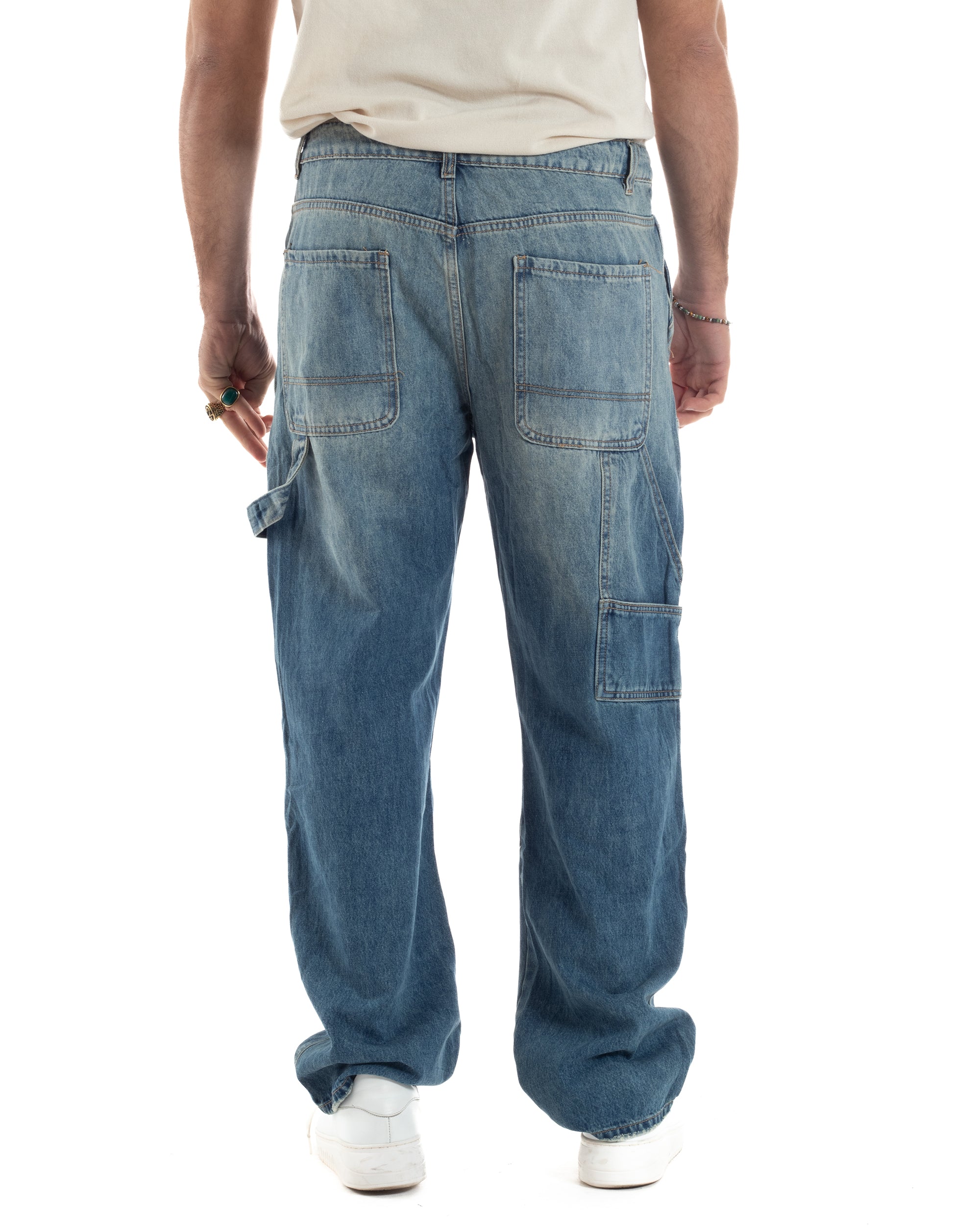 Jeans Uomo Carpenter Baggy Pantaloni Cargo Fondo Largo Stone Washed Denim GIOSAL-JS1076A