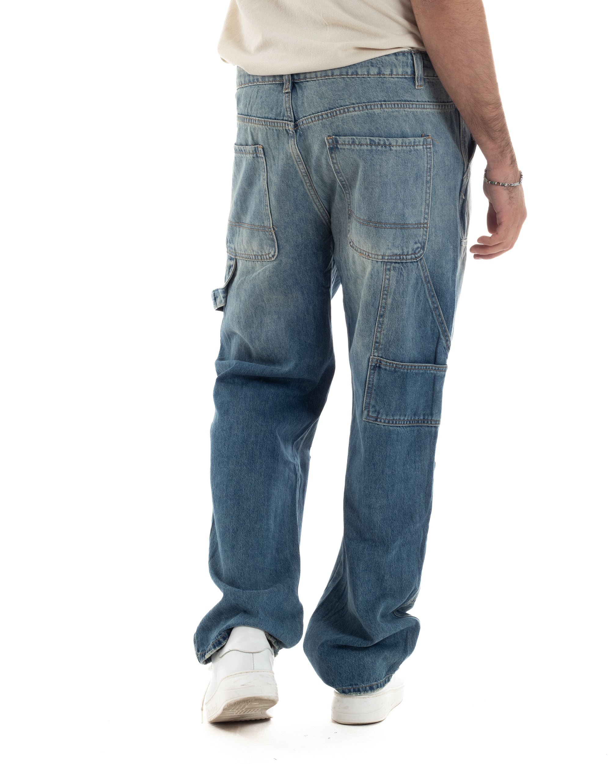 Jeans Uomo Carpenter Baggy Pantaloni Cargo Fondo Largo Stone Washed Denim GIOSAL-JS1076A