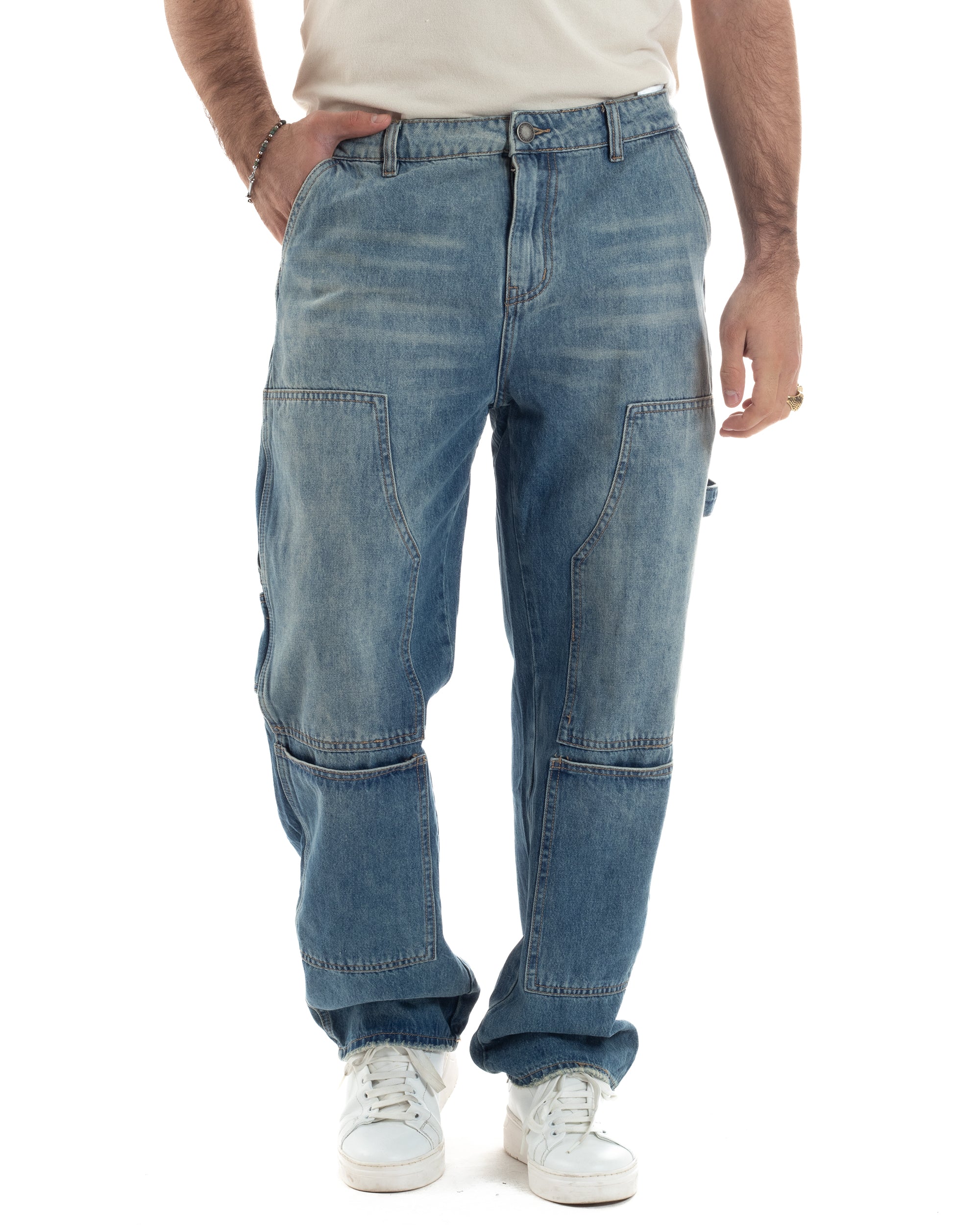 Jeans Uomo Carpenter Baggy Pantaloni Cargo Fondo Largo Stone Washed Denim GIOSAL-JS1076A