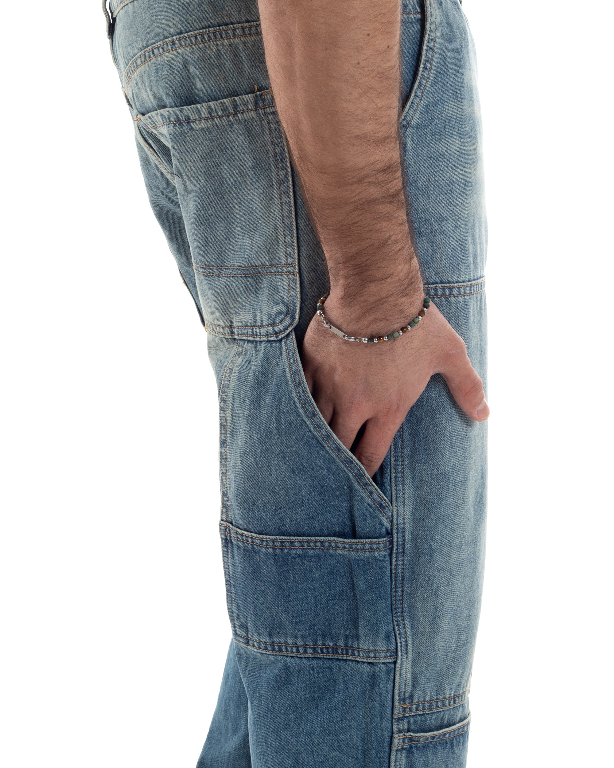 Jeans Uomo Carpenter Baggy Pantaloni Cargo Fondo Largo Stone Washed Denim GIOSAL-JS1076A