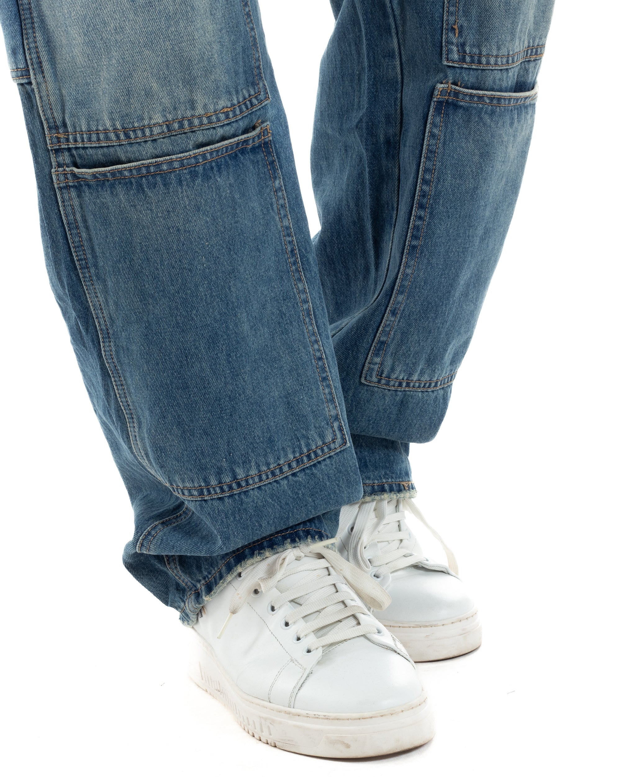 Jeans Uomo Carpenter Baggy Pantaloni Cargo Fondo Largo Stone Washed Denim GIOSAL-JS1076A