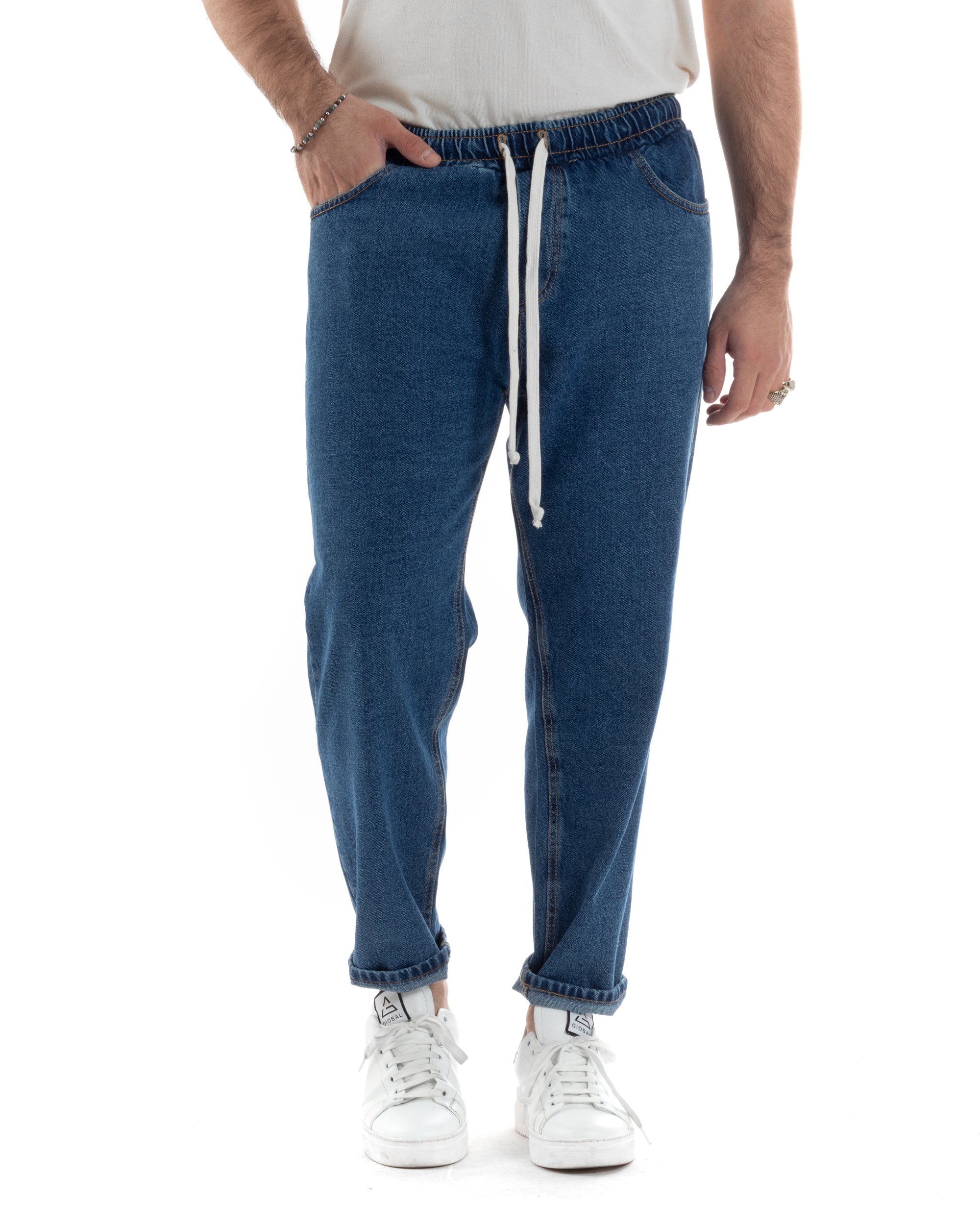 Jeans Uomo Jogger Basic Pantalaccio Con Coulisse Loose Fit Denim Scuro