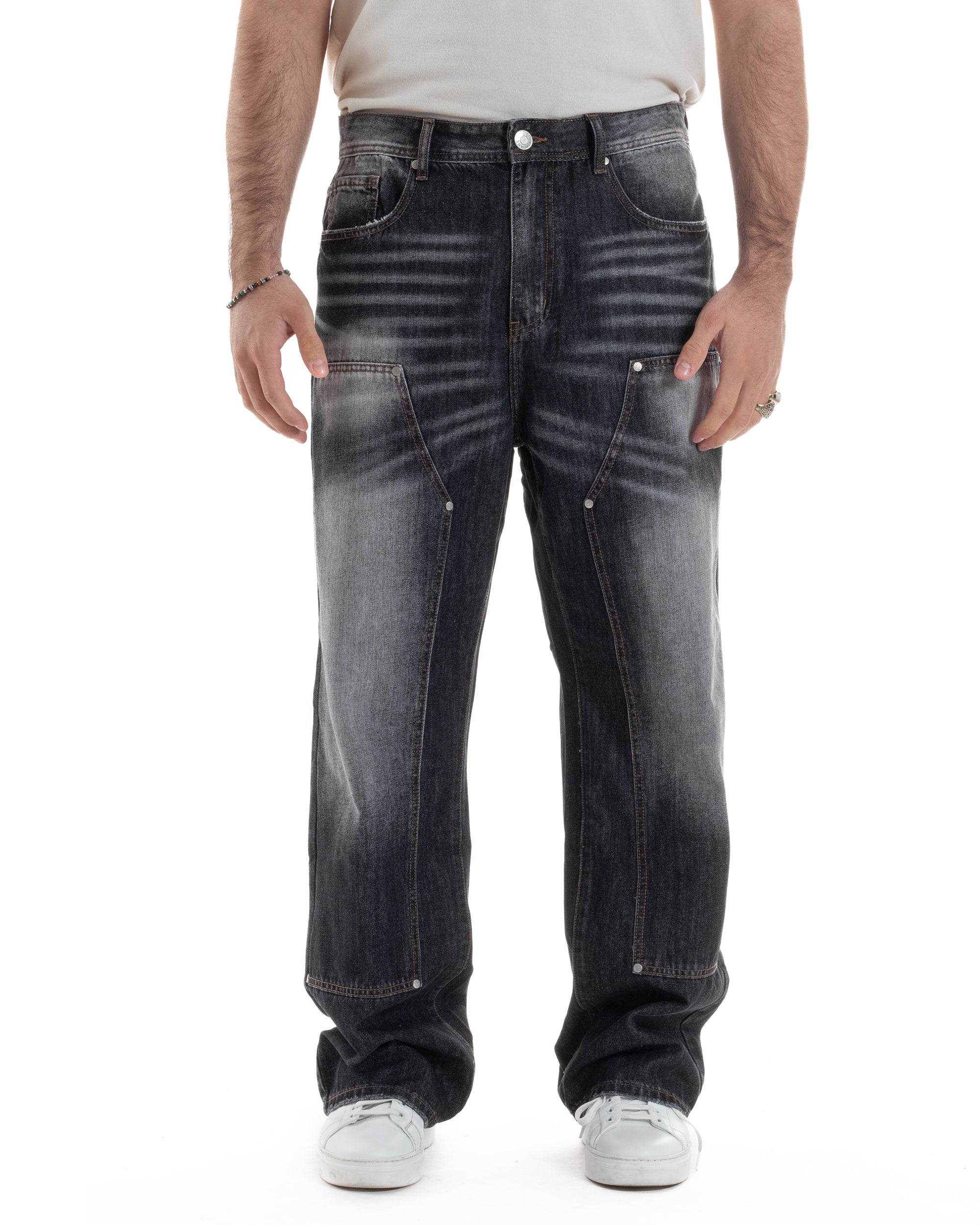 Jeans Uomo Carpenter Pantaloni Baggy Relaxed Fit Fondo Largo Stone Washed Denim Scuro Nero GIOSAL-JS1080A