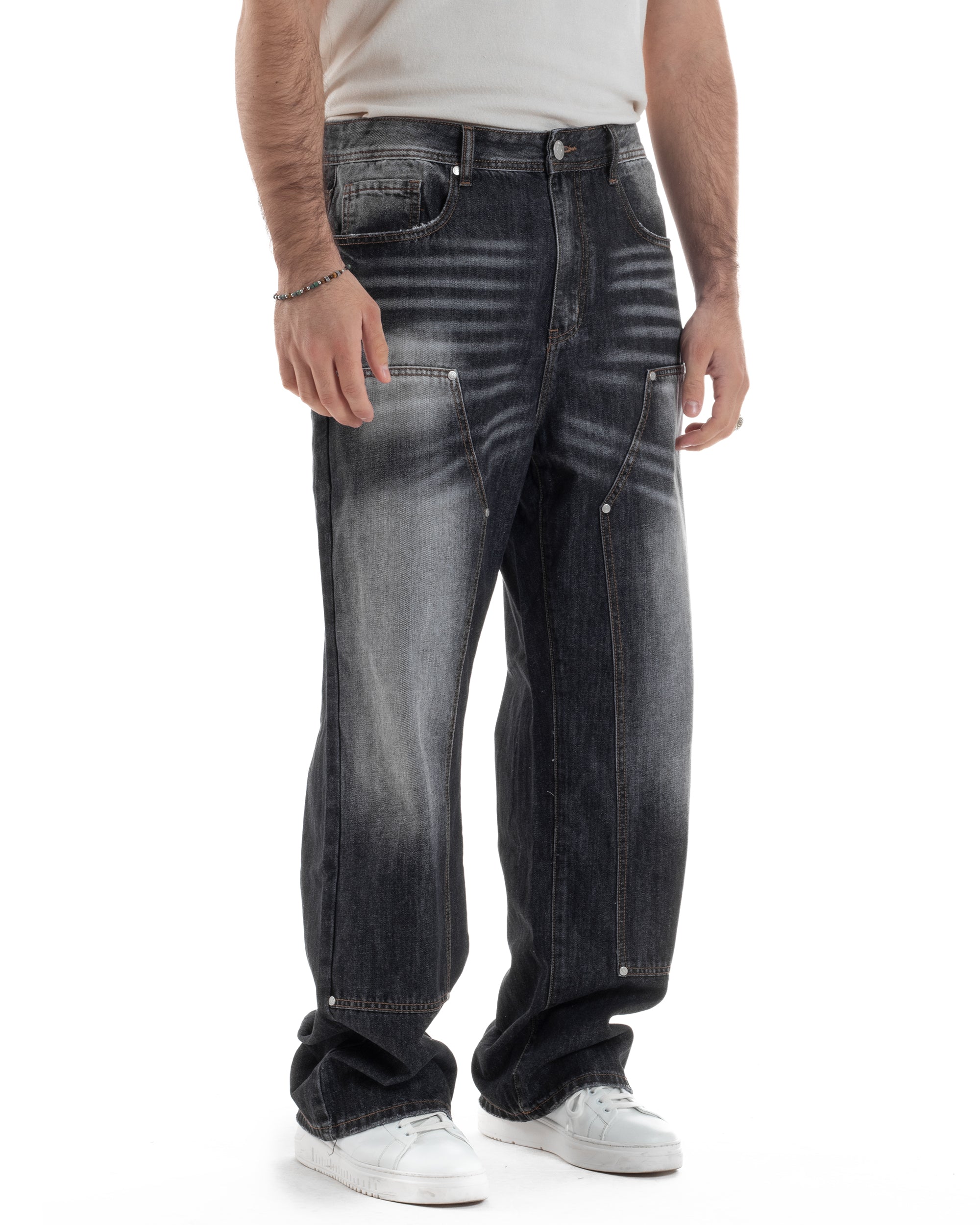 Jeans Uomo Carpenter Pantaloni Baggy Relaxed Fit Fondo Largo Stone Washed Denim Scuro Nero GIOSAL-JS1080A