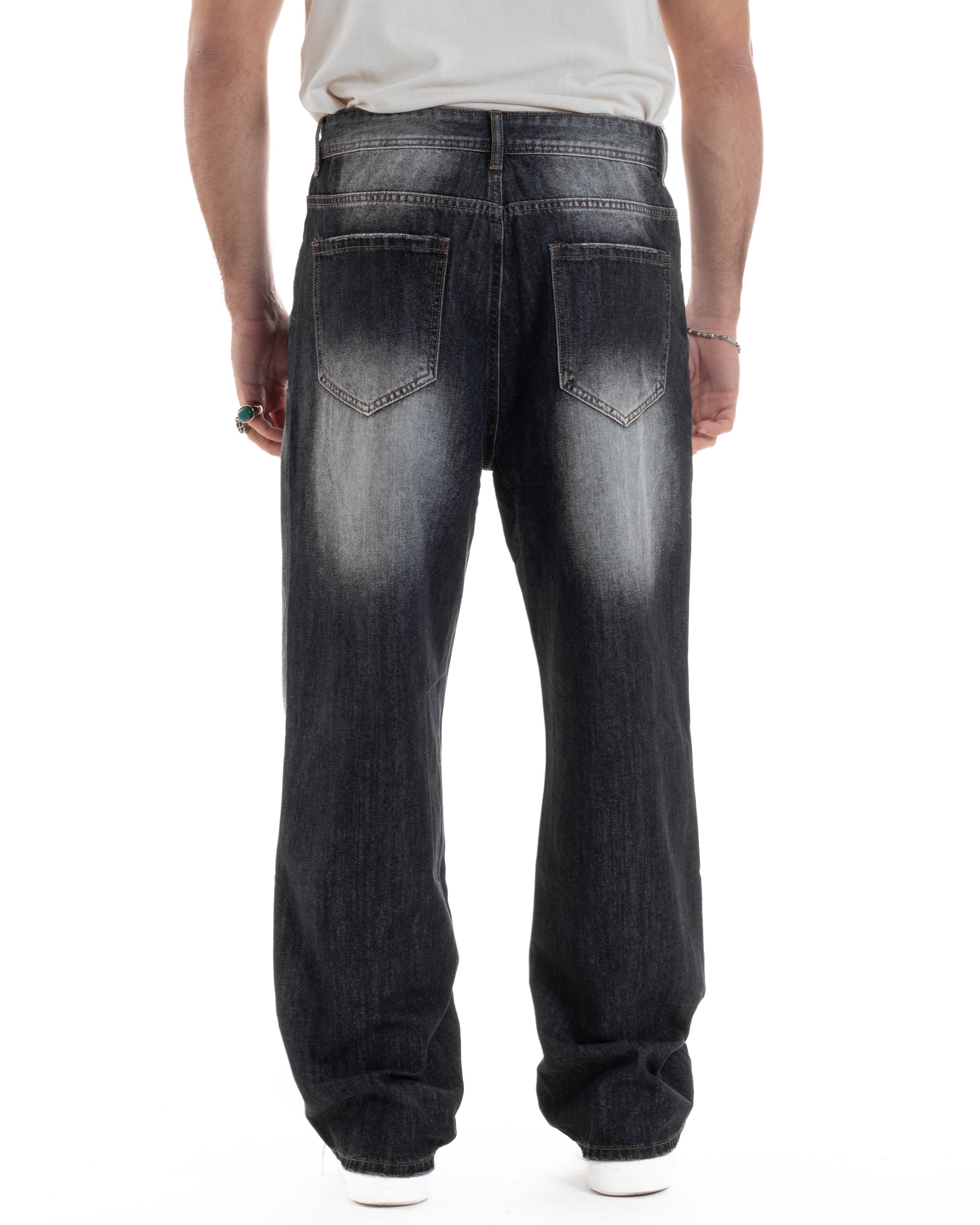 Jeans Uomo Carpenter Pantaloni Baggy Relaxed Fit Fondo Largo Stone Washed Denim Scuro Nero GIOSAL-JS1080A