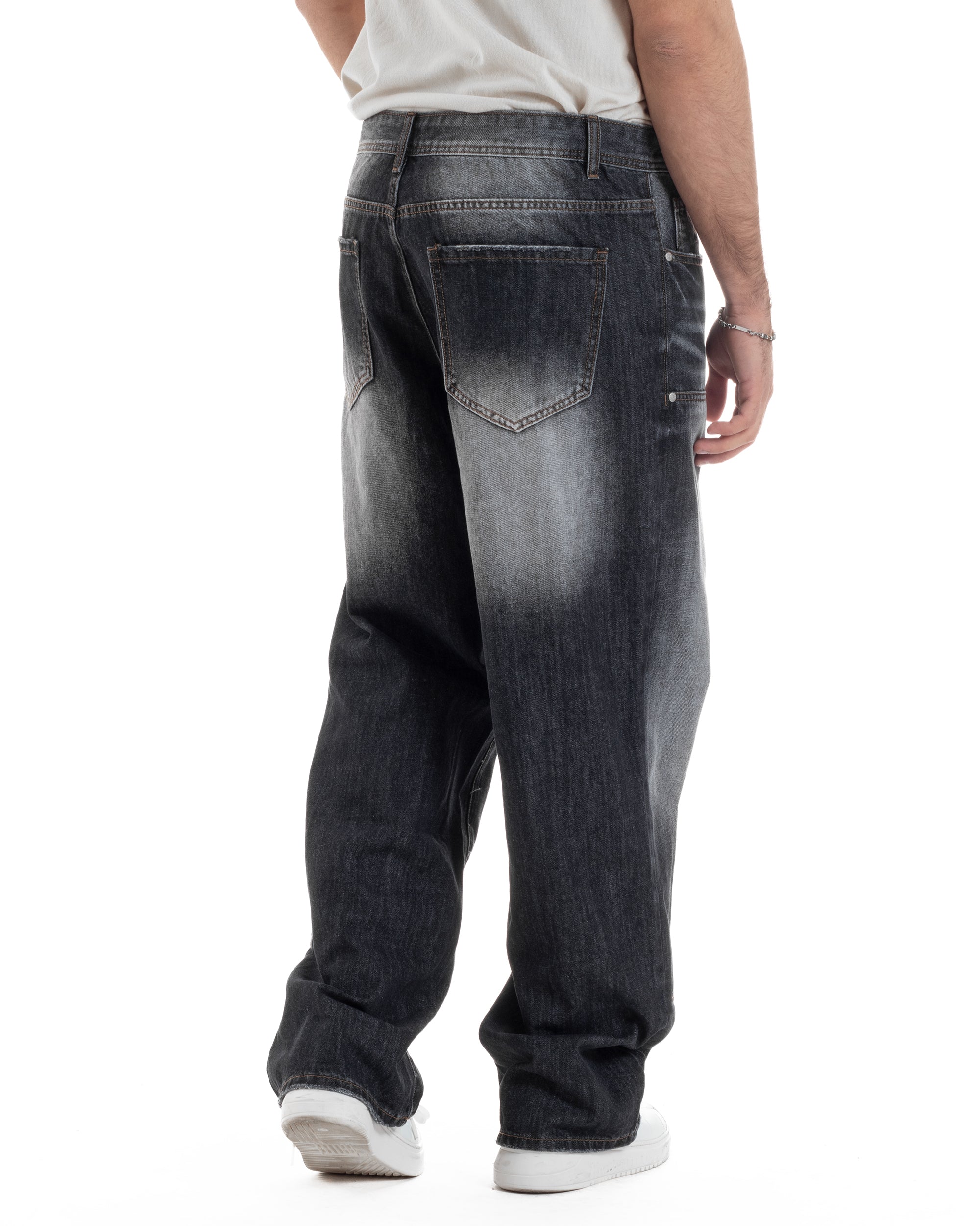 Jeans Uomo Carpenter Pantaloni Baggy Relaxed Fit Fondo Largo Stone Washed Denim Scuro Nero GIOSAL-JS1080A