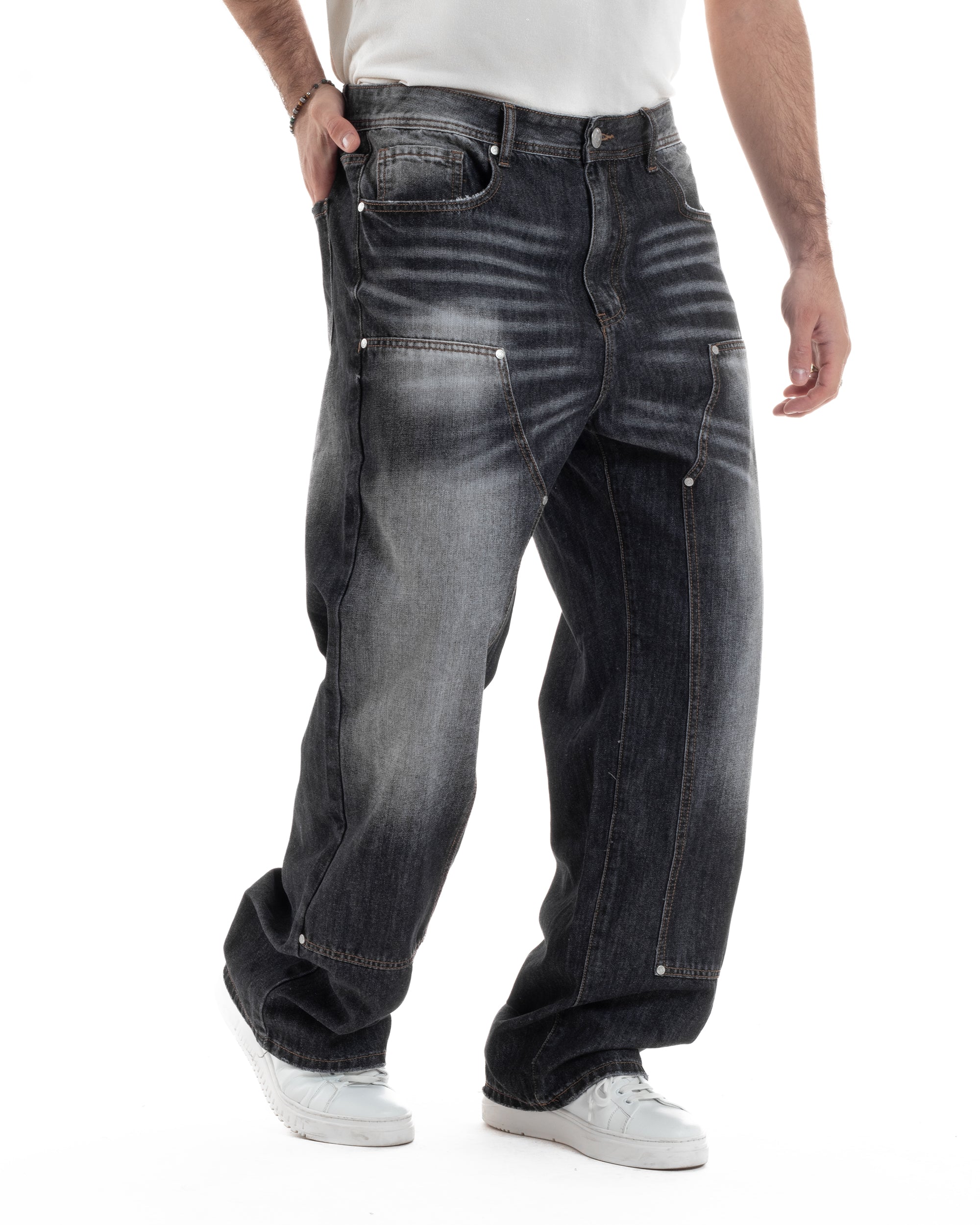 Jeans Uomo Carpenter Pantaloni Baggy Relaxed Fit Fondo Largo Stone Washed Denim Scuro Nero GIOSAL-JS1080A