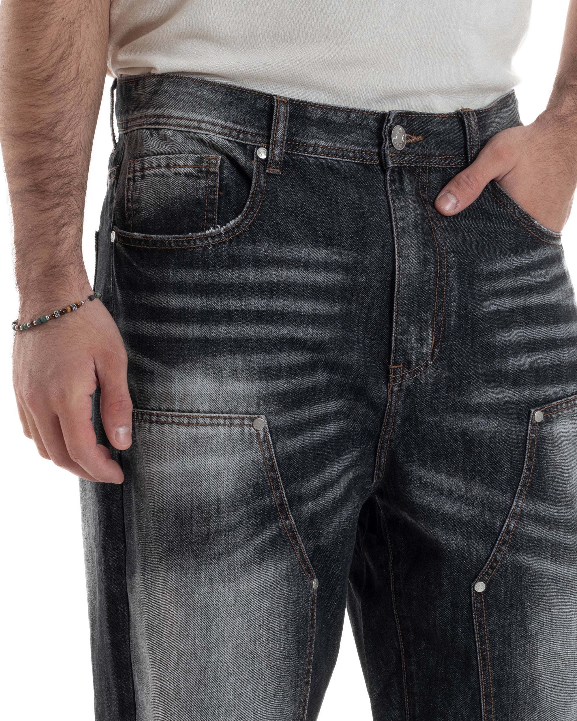 Jeans Uomo Carpenter Pantaloni Baggy Relaxed Fit Fondo Largo Stone Washed Denim Scuro Nero GIOSAL-JS1080A