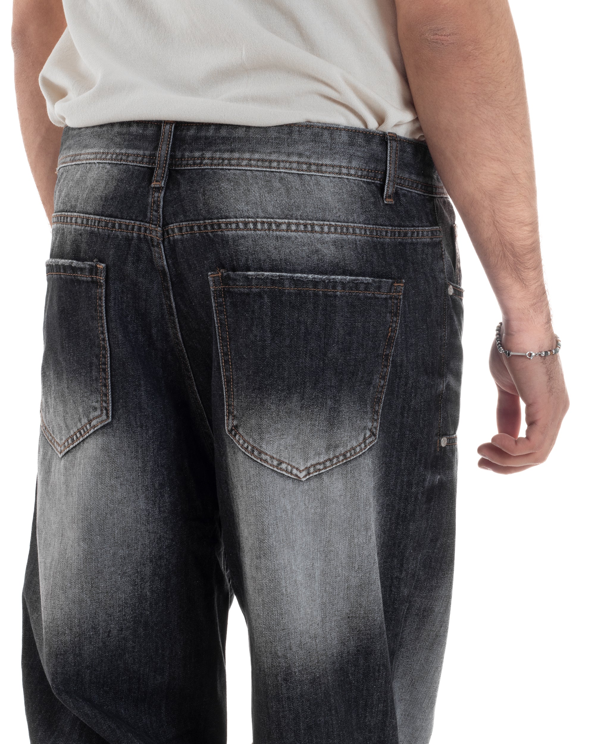 Jeans Uomo Carpenter Pantaloni Baggy Relaxed Fit Fondo Largo Stone Washed Denim Scuro Nero GIOSAL-JS1080A