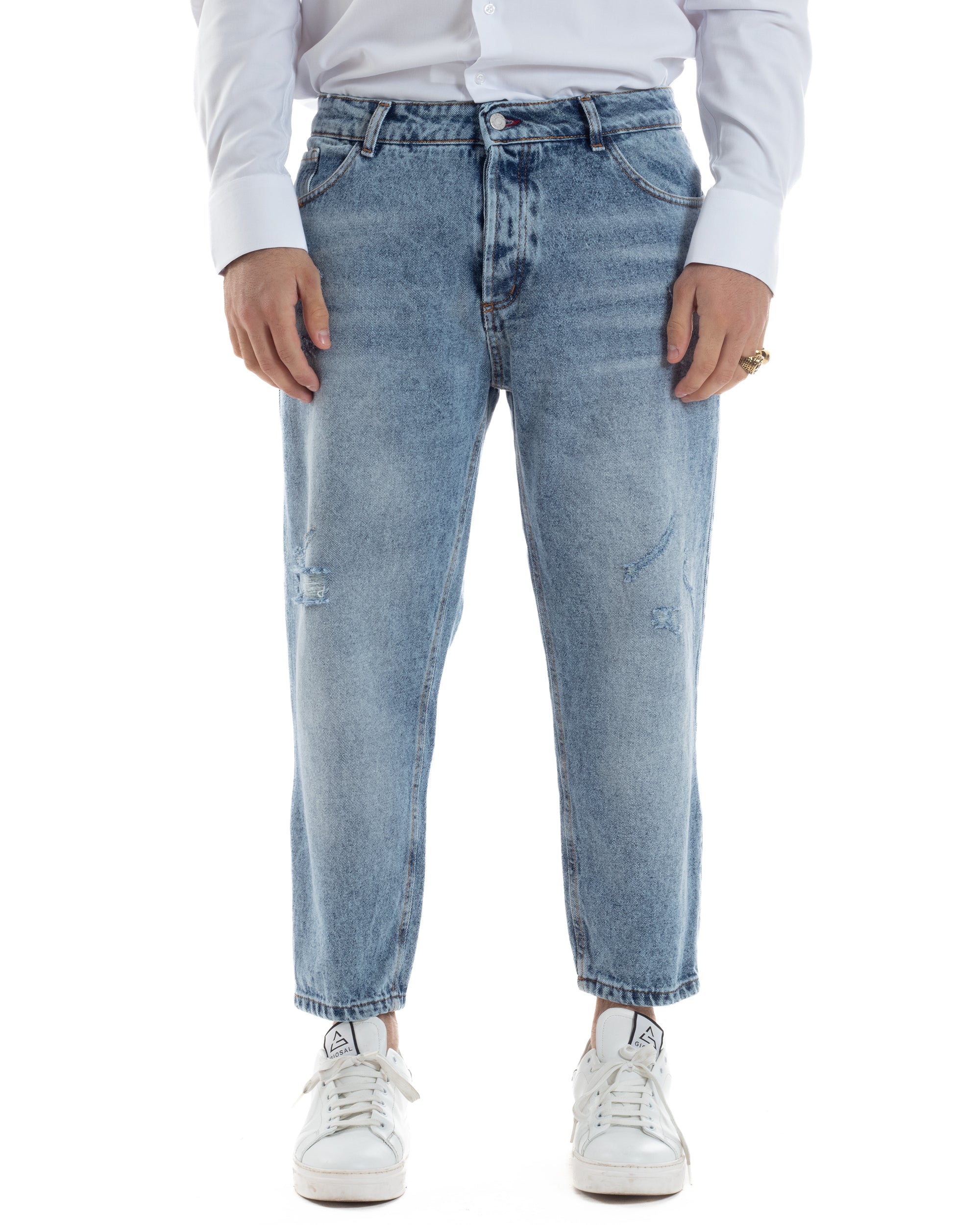 Jeans Uomo Straight Fit Pantaloni Stone Washed Con Rotture Abrasioni Denim Chiaro GIOSAL-JS1081A