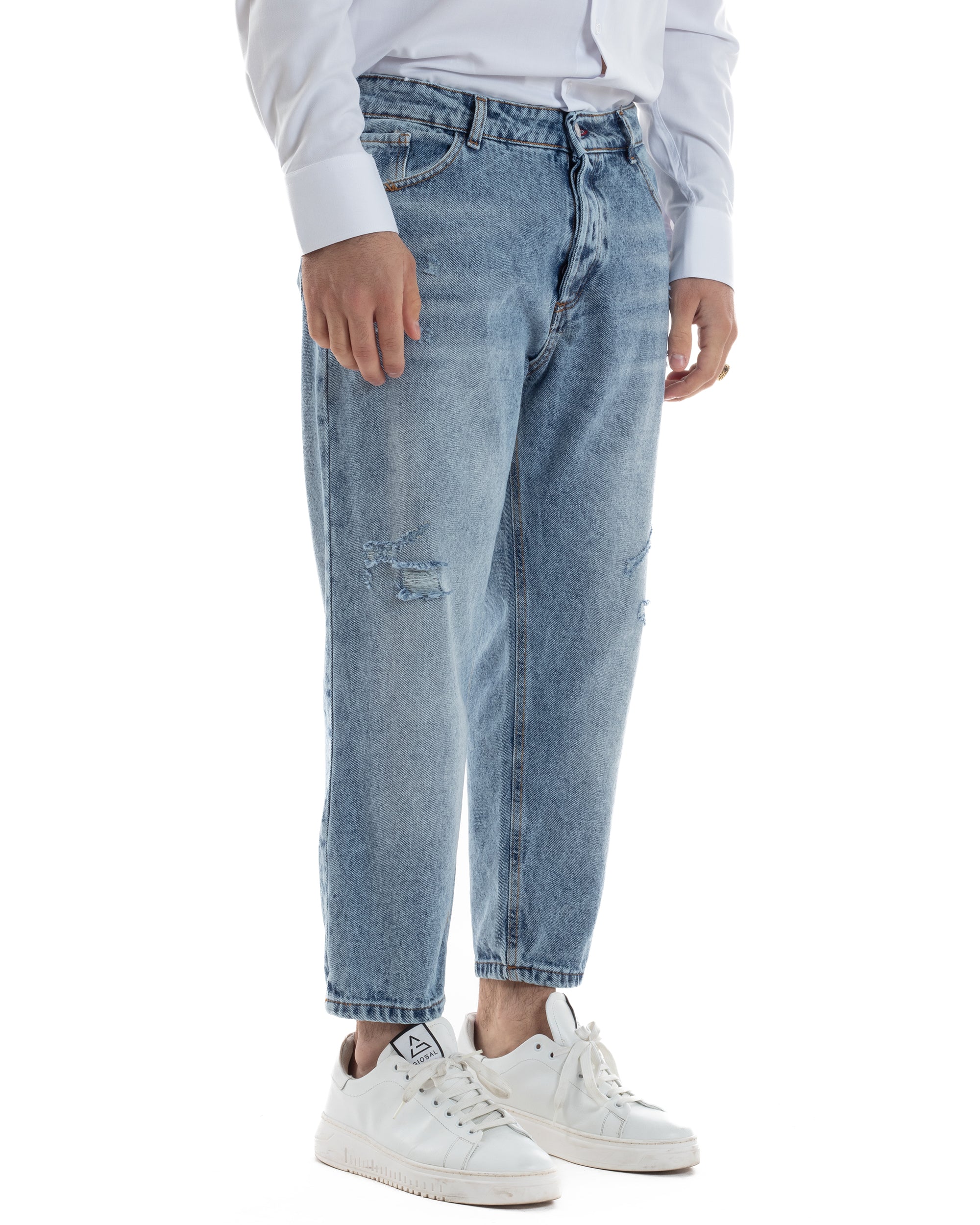 Jeans Uomo Straight Fit Pantaloni Stone Washed Con Rotture Abrasioni Denim Chiaro GIOSAL-JS1081A