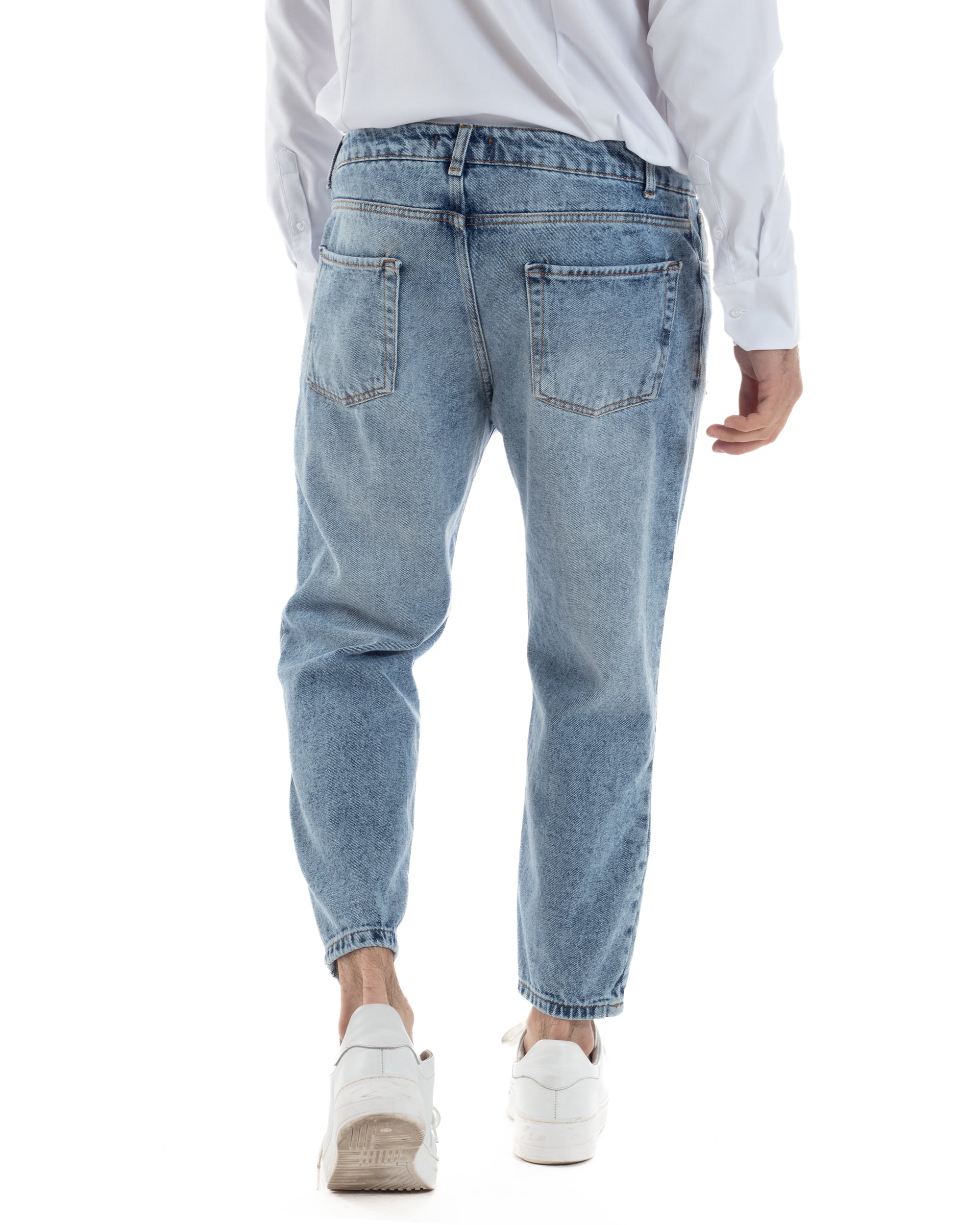 Jeans Uomo Straight Fit Pantaloni Stone Washed Con Rotture Abrasioni Denim Chiaro GIOSAL-JS1081A