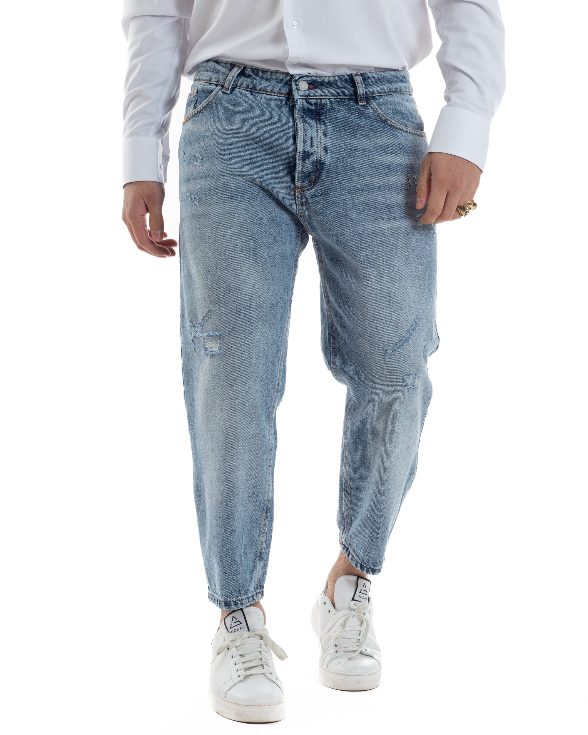 Jeans Uomo Straight Fit Pantaloni Stone Washed Con Rotture Abrasioni Denim Chiaro GIOSAL-JS1081A