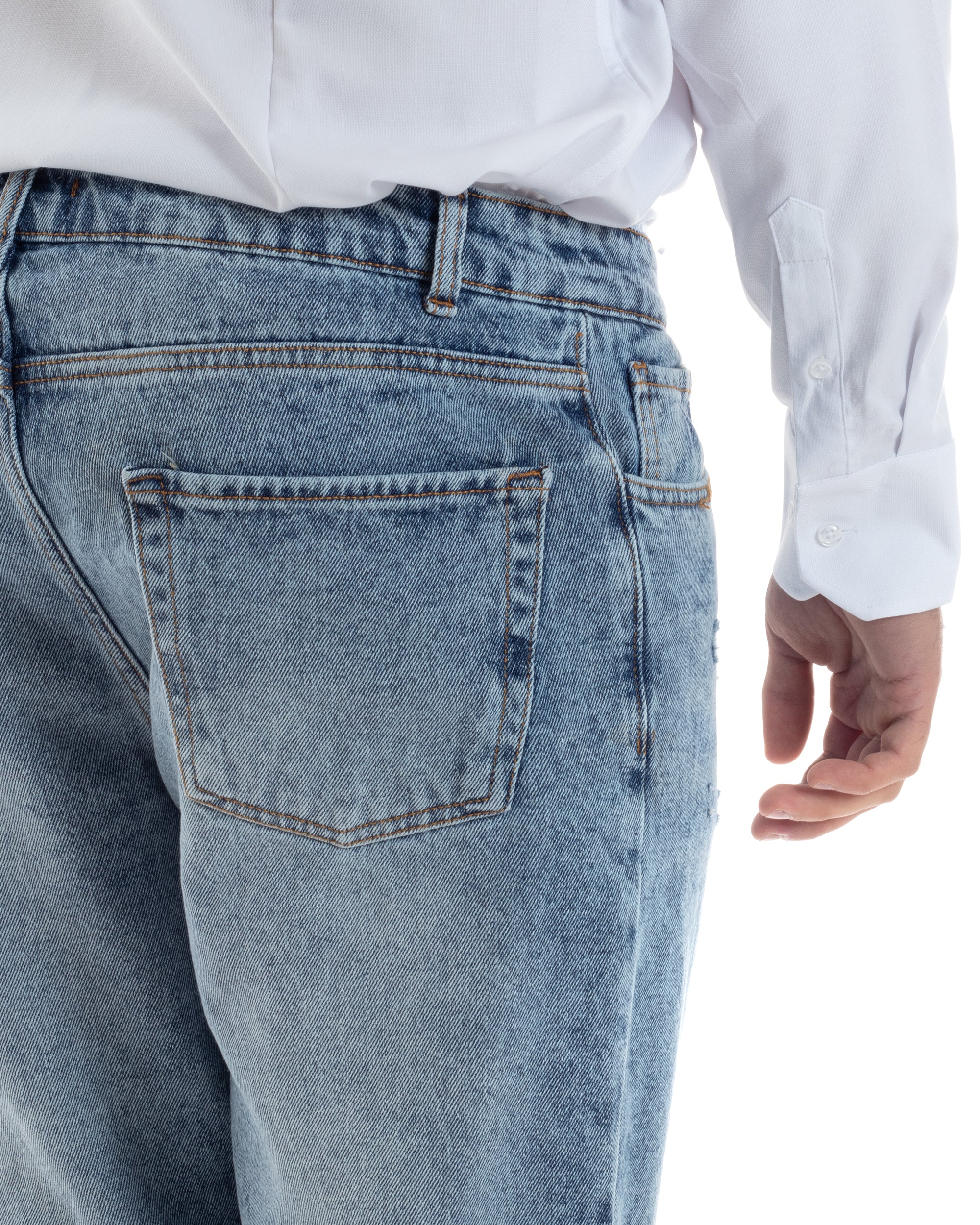 Jeans Uomo Straight Fit Pantaloni Stone Washed Con Rotture Abrasioni Denim Chiaro GIOSAL-JS1081A