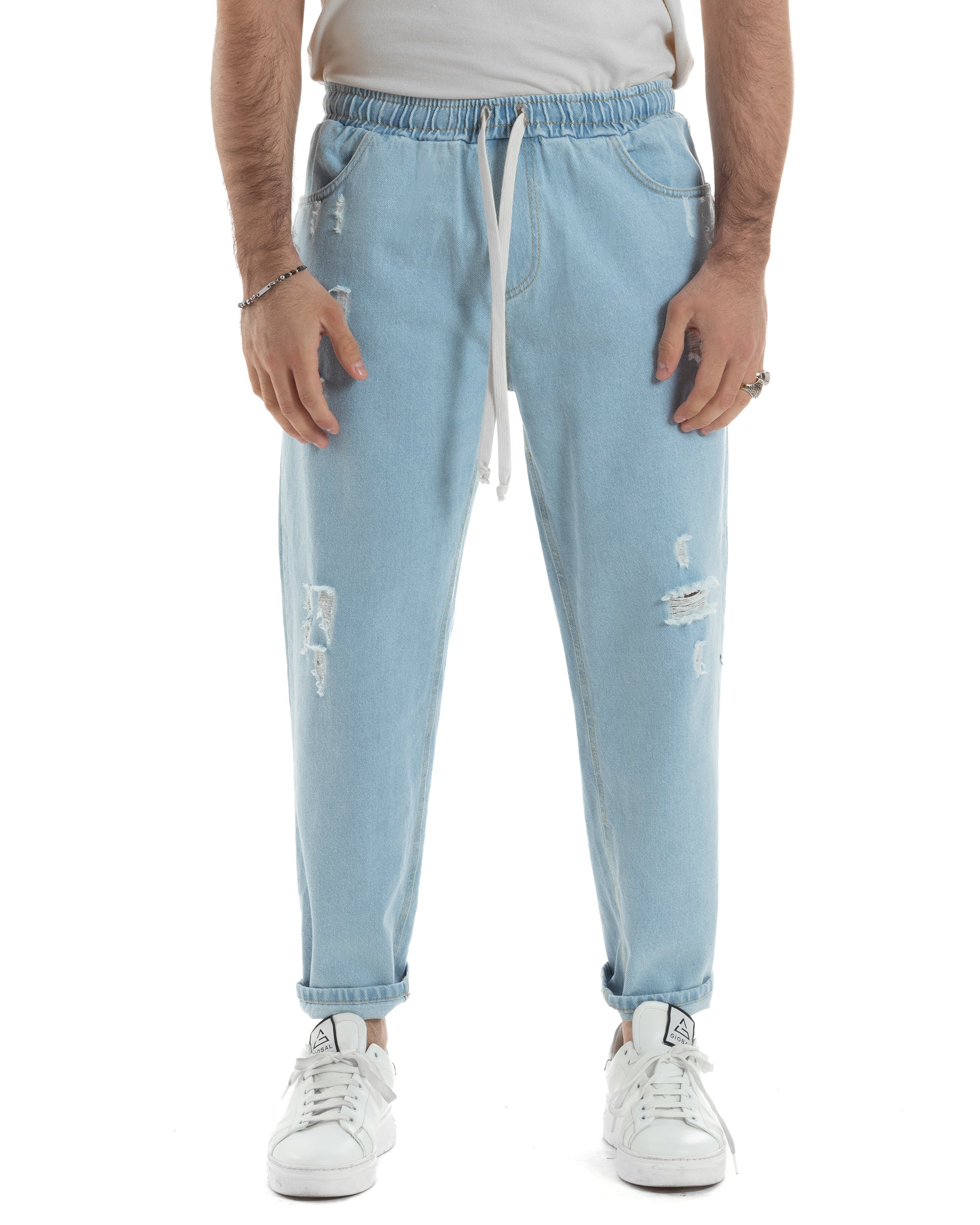 Jeans Uomo Con Rotture Jogger Pantaloni Con Coulisse Loose Fit Pantalaccio Denim Chiaro GIOSAL-JS1083A