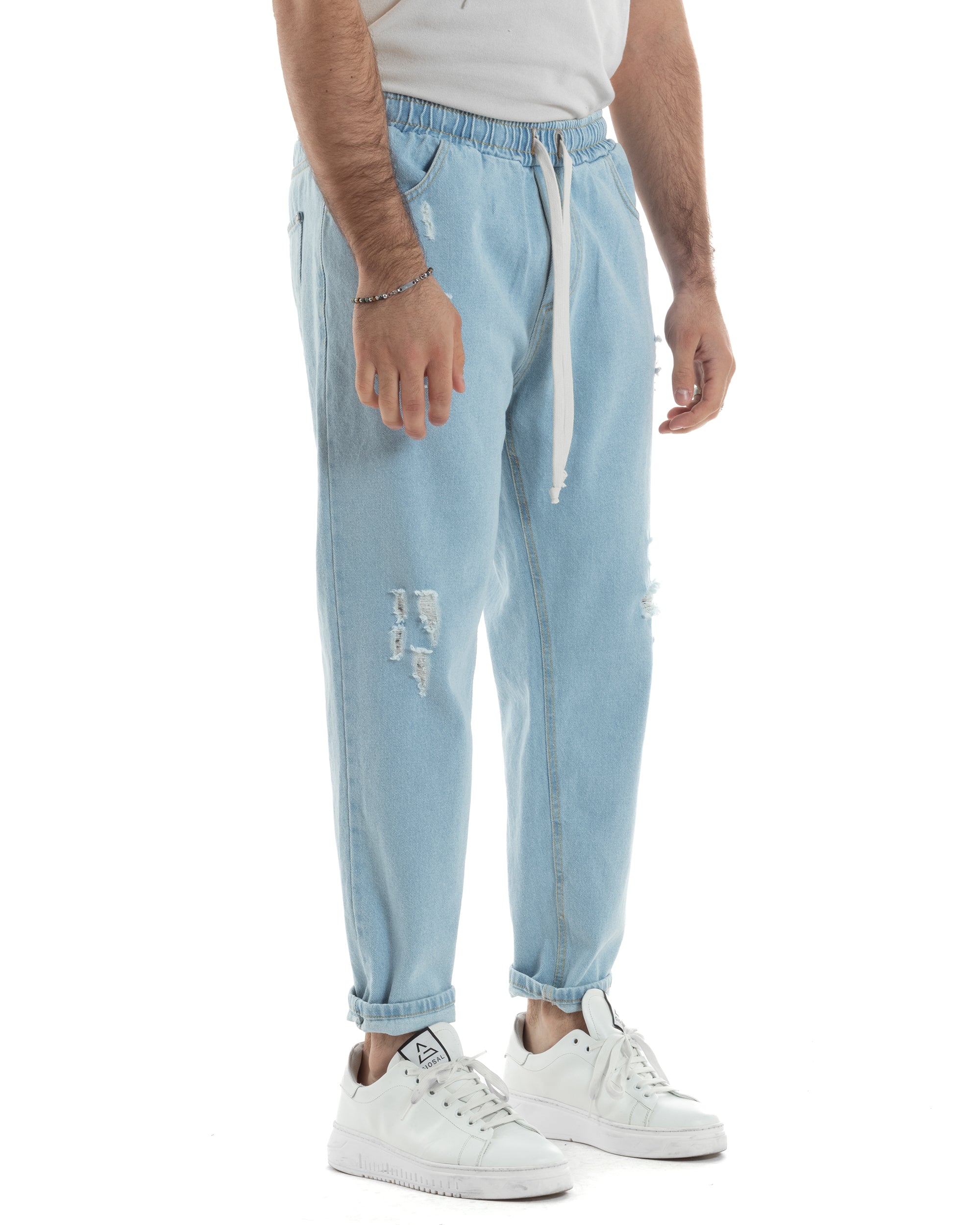 Jeans Uomo Con Rotture Jogger Pantaloni Con Coulisse Loose Fit Pantalaccio Denim Chiaro GIOSAL-JS1083A