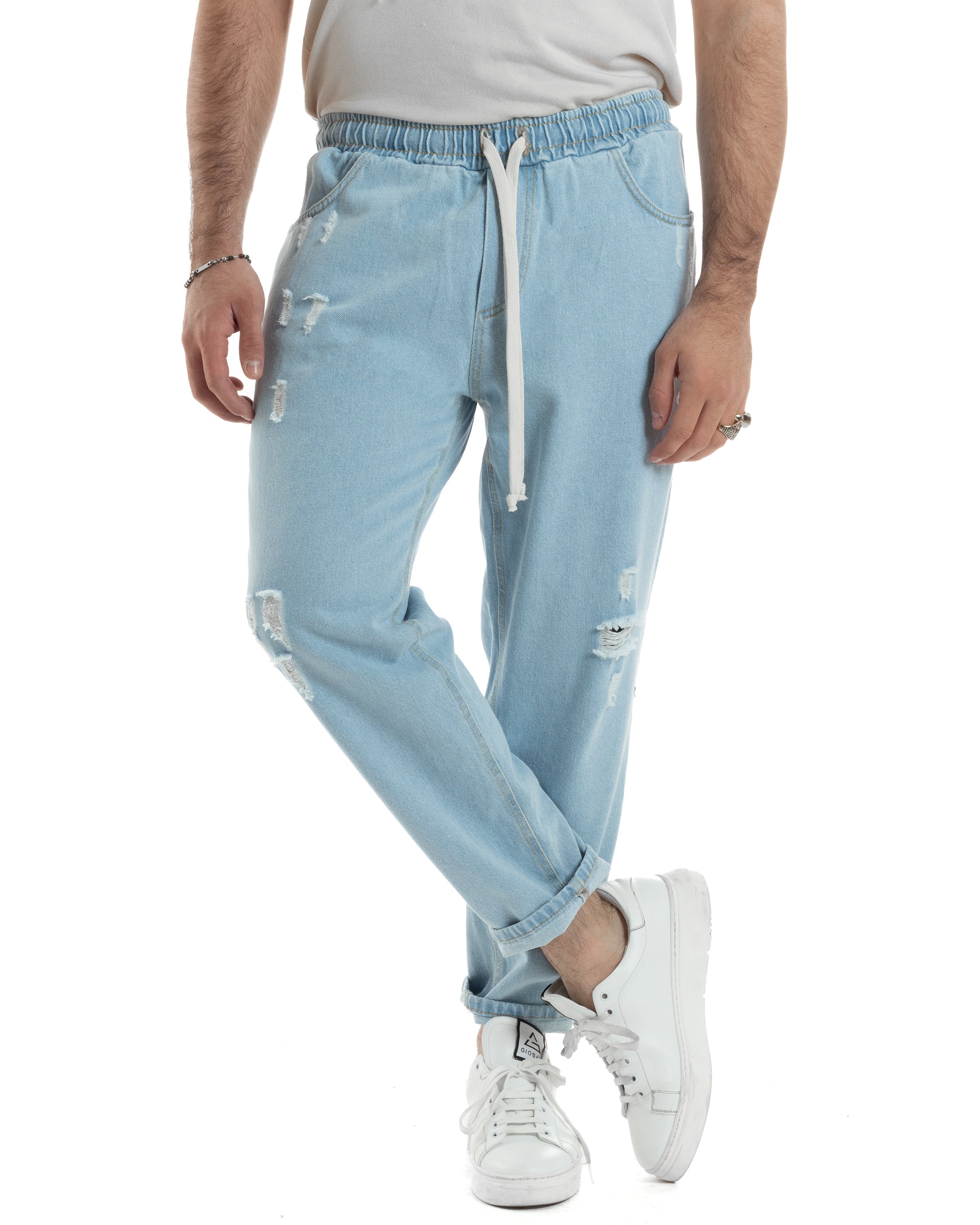 Jeans Uomo Con Rotture Jogger Pantaloni Con Coulisse Loose Fit Pantalaccio Denim Chiaro GIOSAL-JS1083A