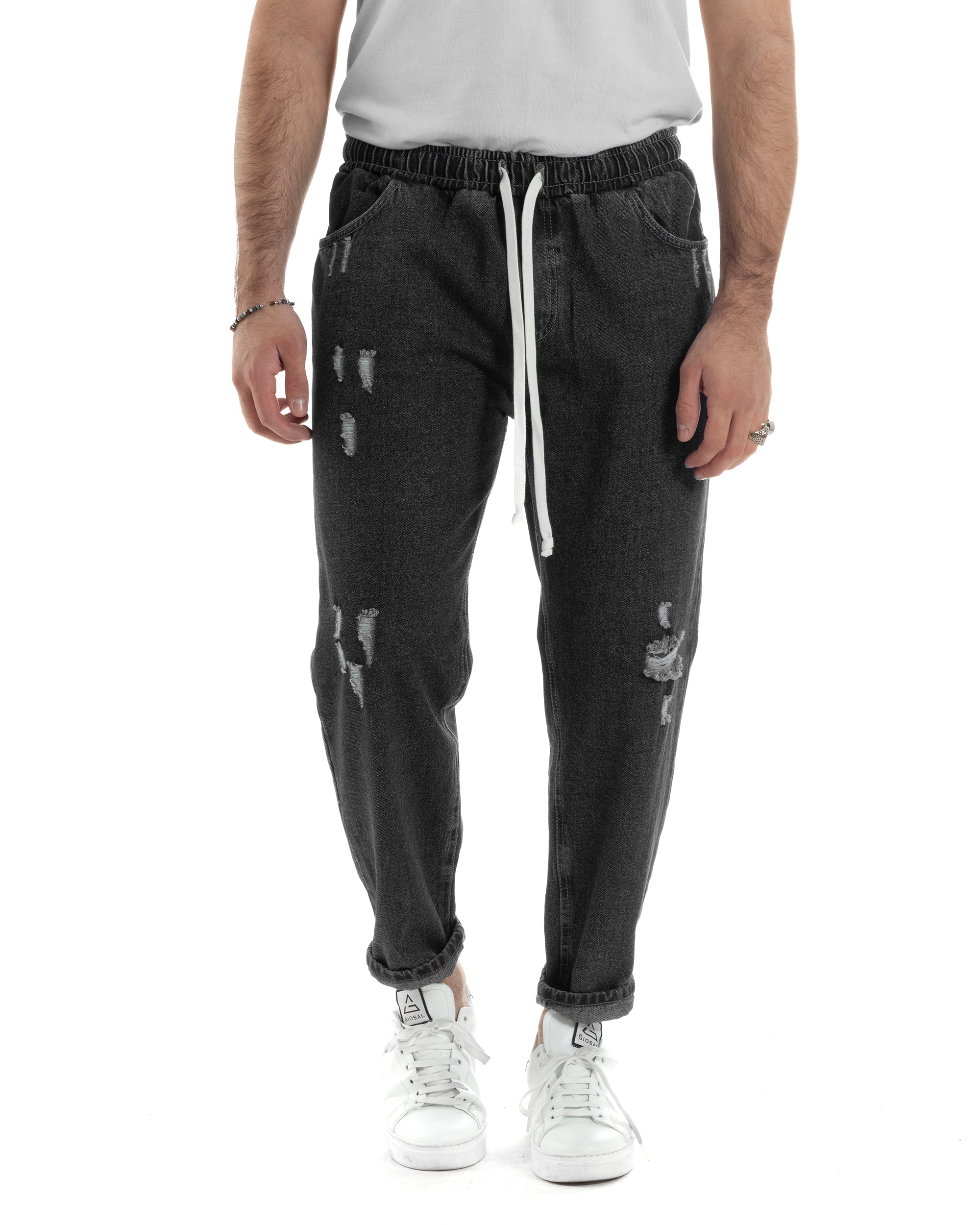 Jeans Uomo Con Rotture Jogger Pantaloni Con Coulisse Loose Fit Pantalaccio Denim Nero GIOSAL-JS1084A