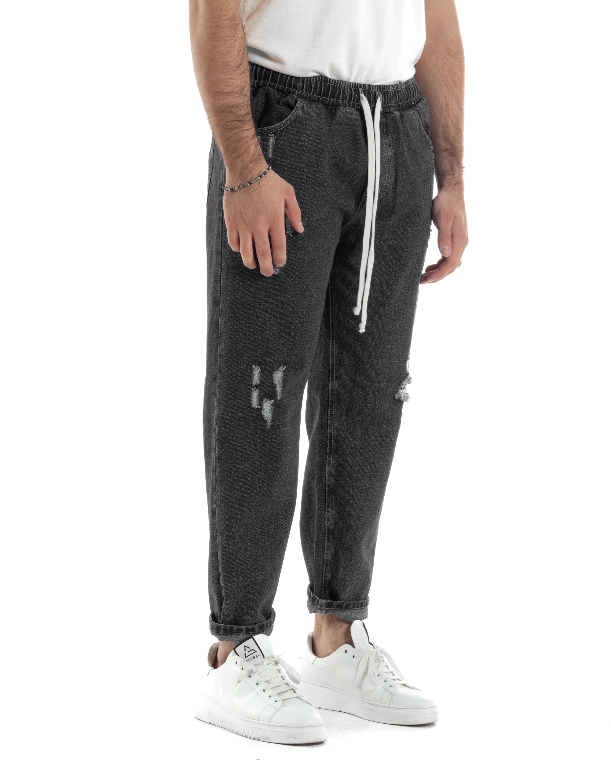 Jeans Uomo Con Rotture Jogger Pantaloni Con Coulisse Loose Fit Pantalaccio Denim Nero GIOSAL-JS1084A