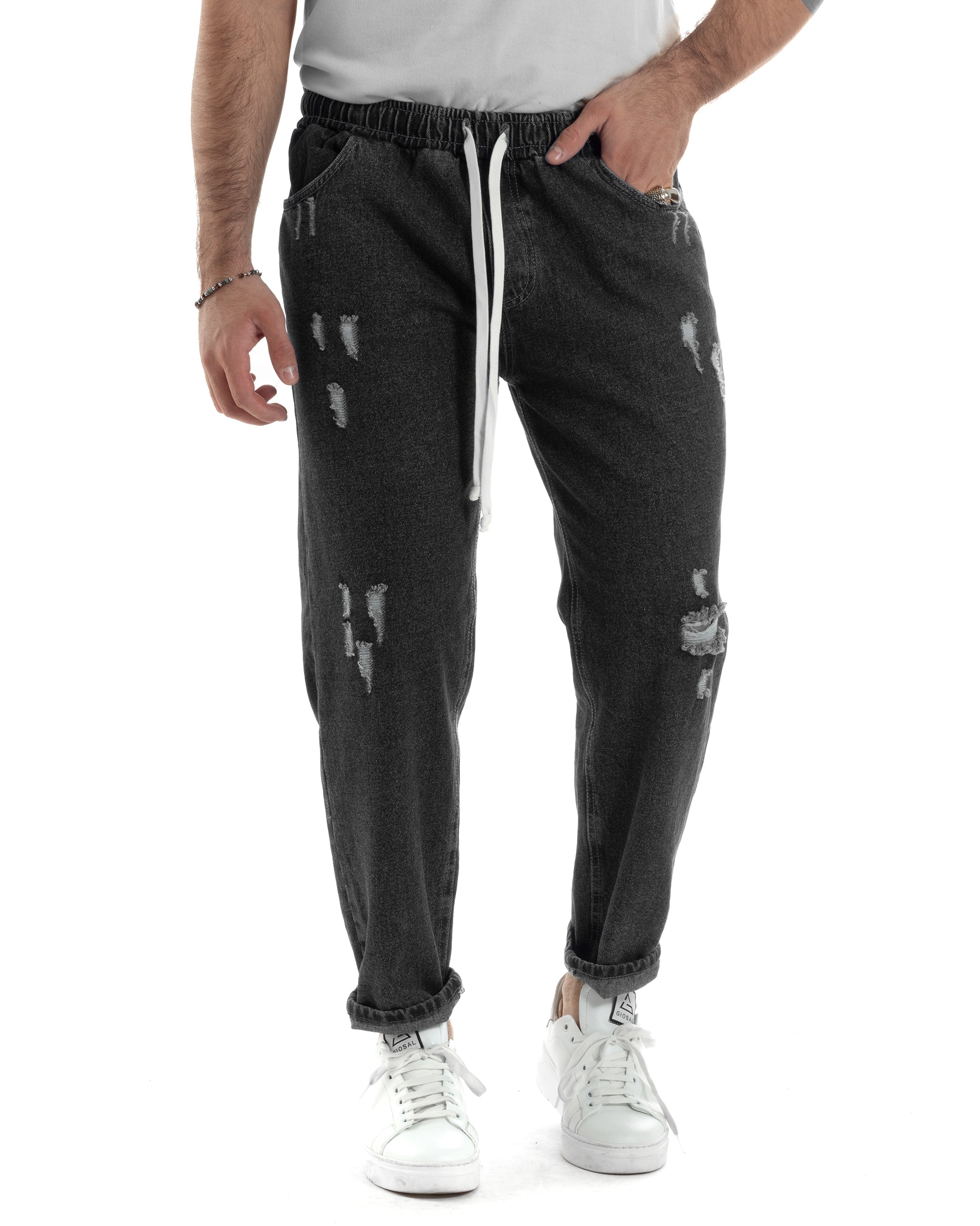 Jeans Uomo Con Rotture Jogger Pantaloni Con Coulisse Loose Fit Pantalaccio Denim Nero GIOSAL-JS1084A