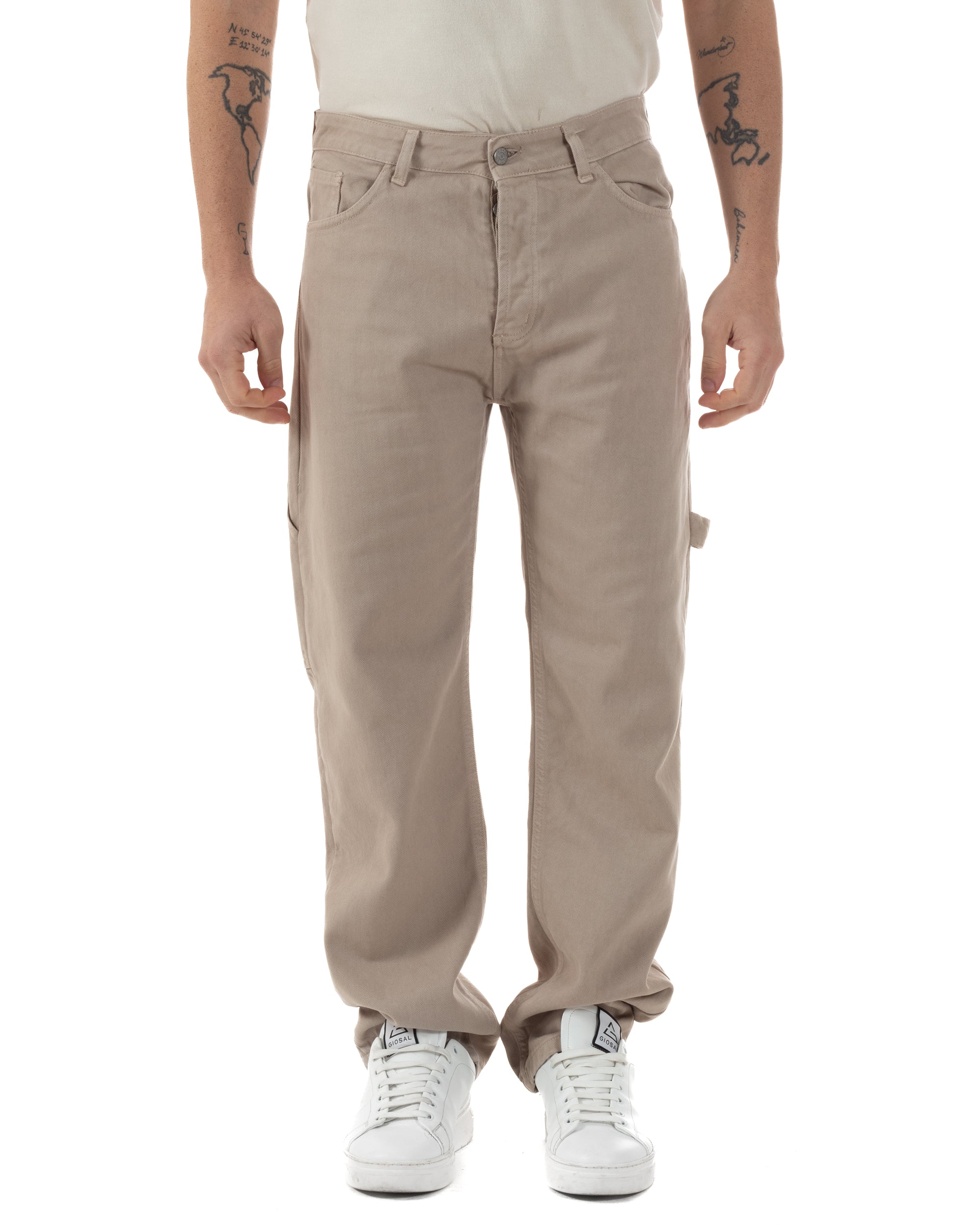 Jeans Uomo Carpenter Worker Pantaloni Baggy Cargo Comodo Fondo Largo Ampio Tinta Unita Beige GIOSAL-JS1088A