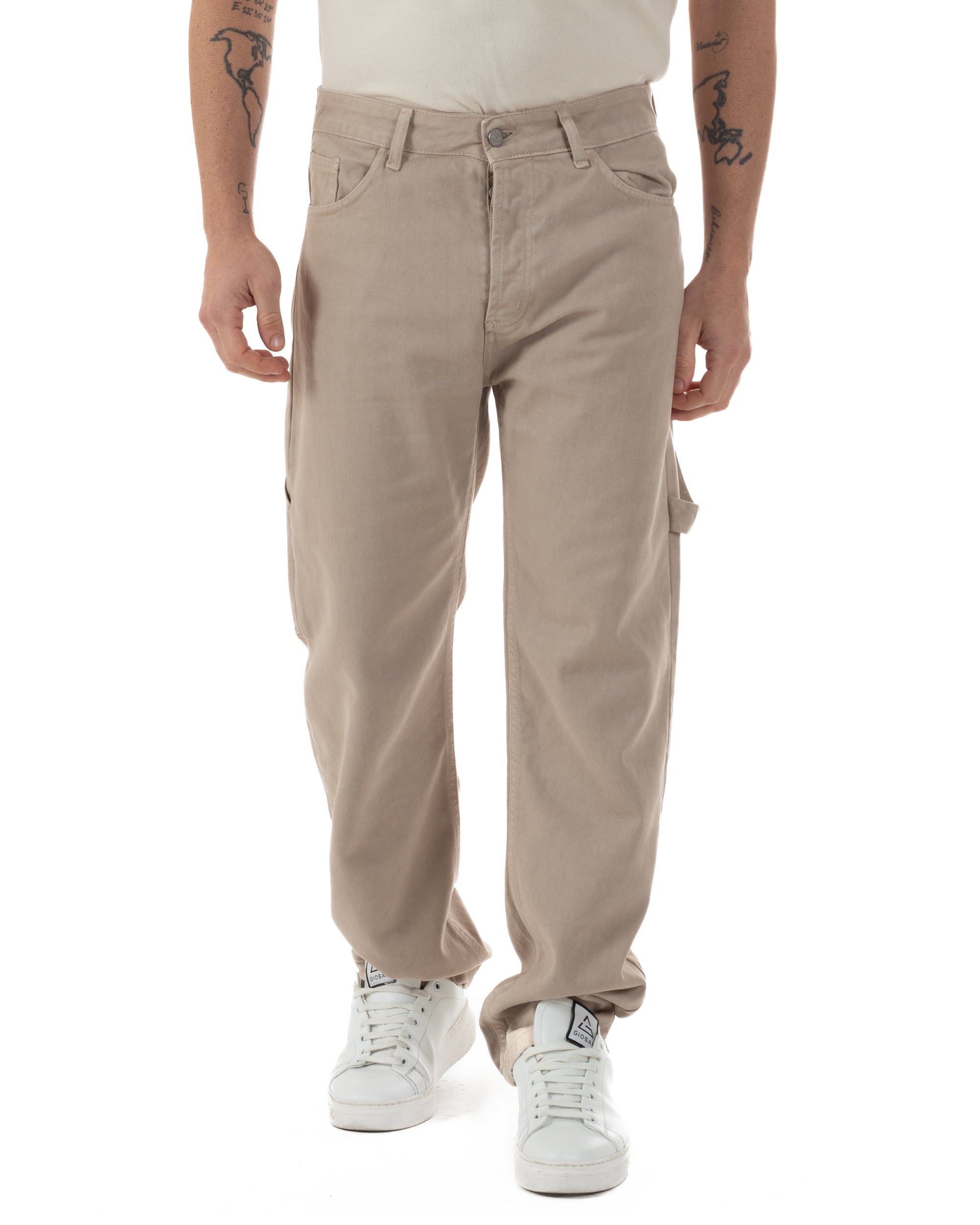 Jeans Uomo Carpenter Worker Pantaloni Baggy Cargo Comodo Fondo Largo Ampio Tinta Unita Beige GIOSAL-JS1088A
