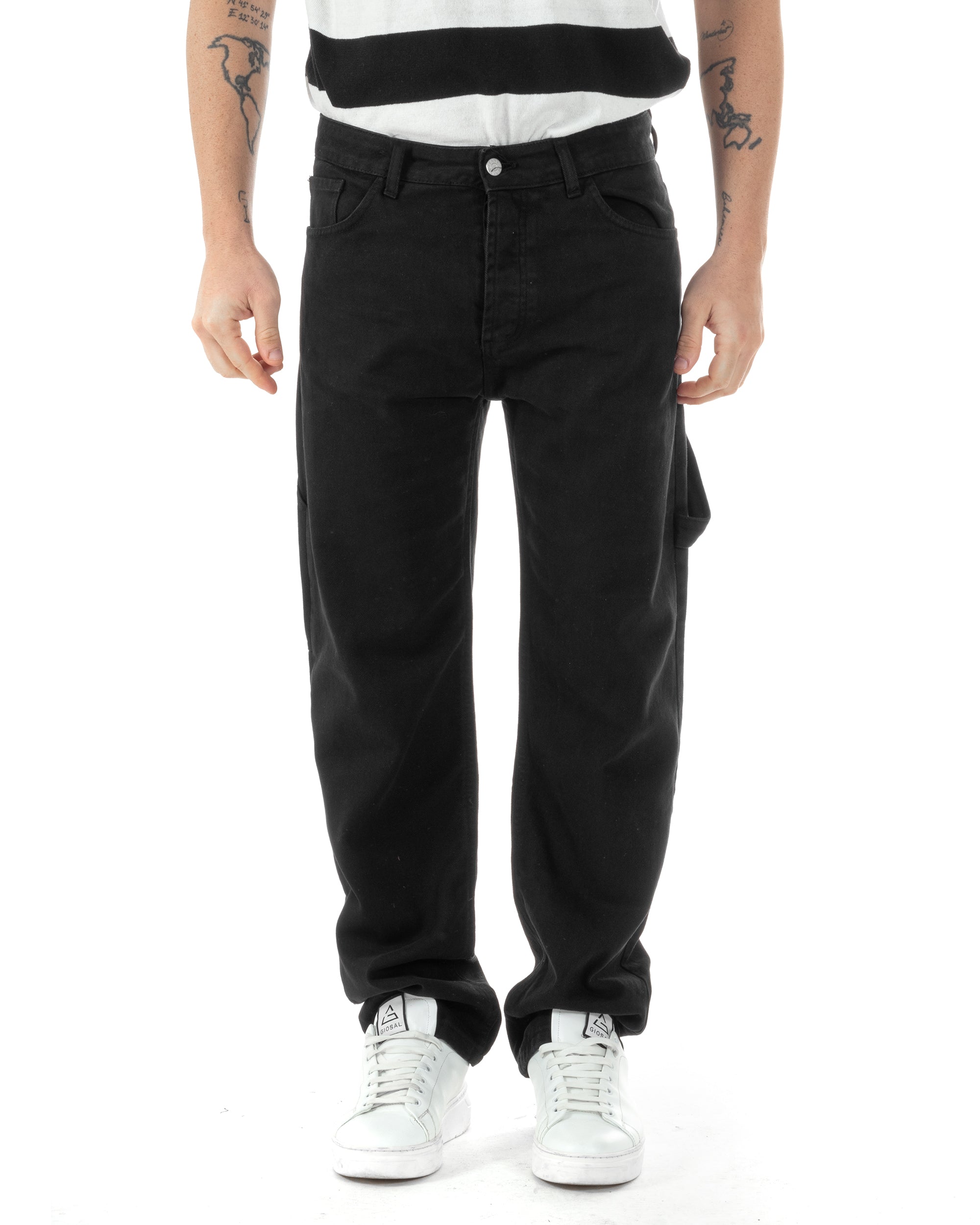 Jeans Uomo Carpenter Worker Pantaloni Baggy Cargo Comodo Fondo Largo Ampio Tinta Unita Nero GIOSAL-JS1089A