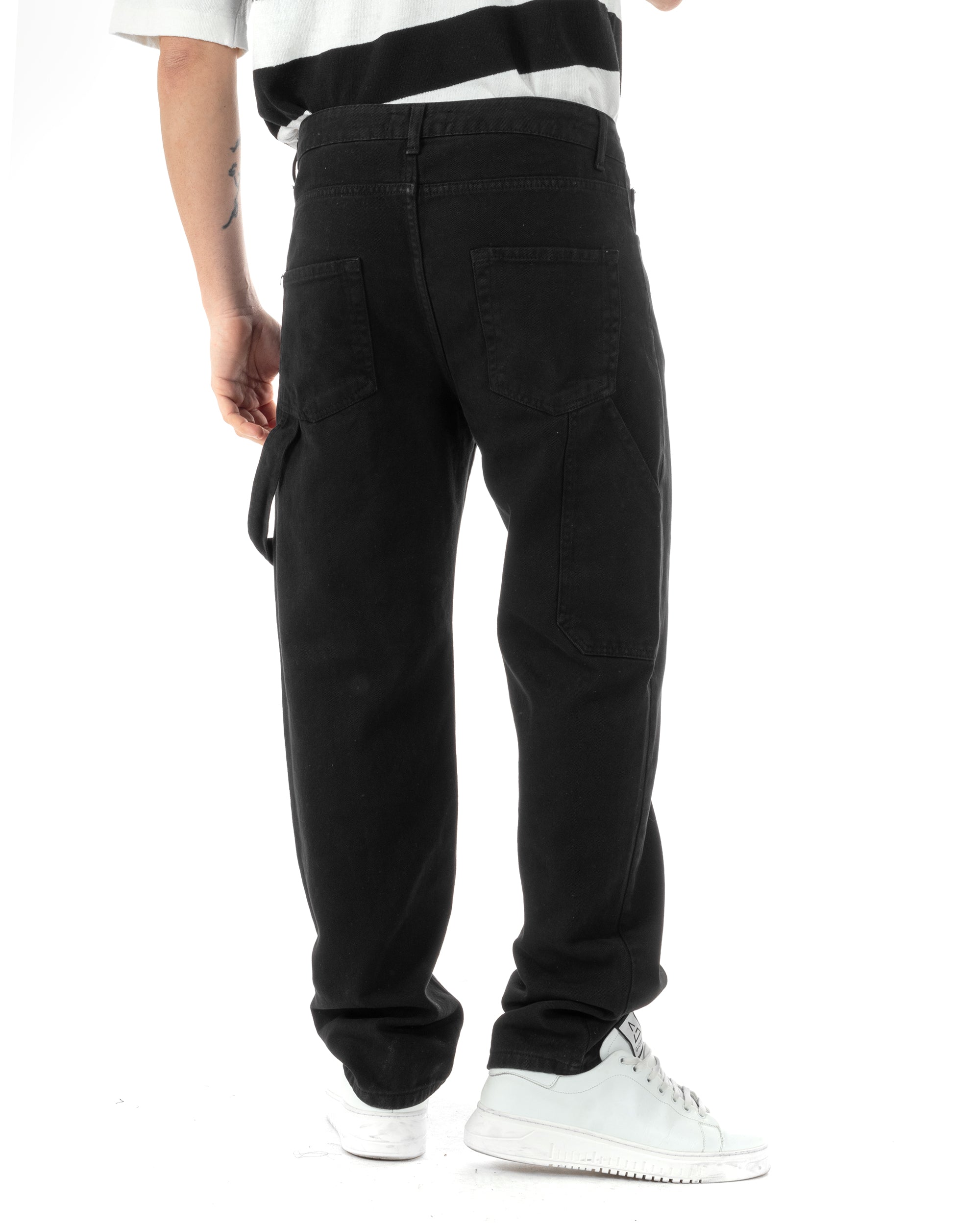 Jeans Uomo Carpenter Worker Pantaloni Baggy Cargo Comodo Fondo Largo Ampio Tinta Unita Nero GIOSAL-JS1089A