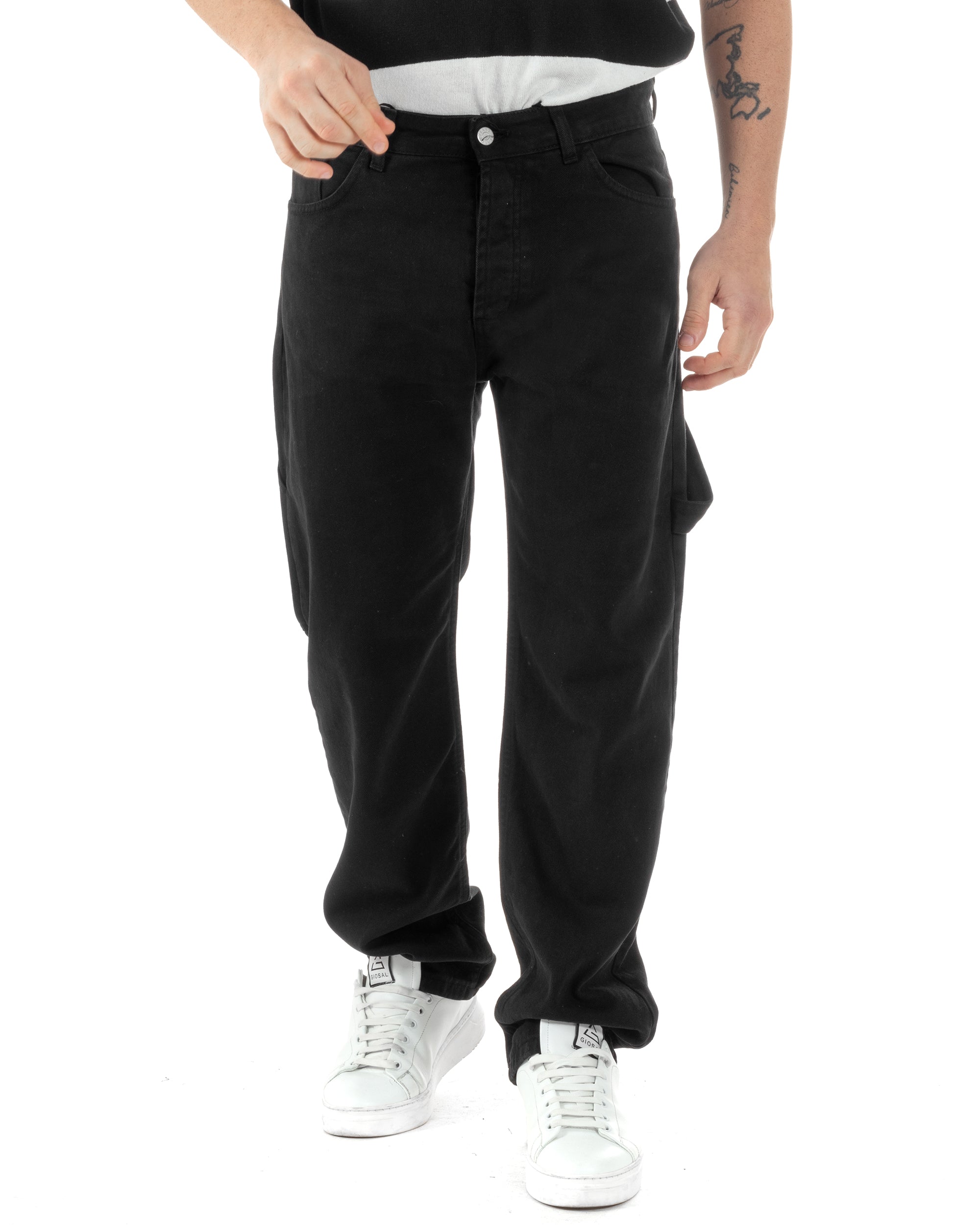 Jeans Uomo Carpenter Worker Pantaloni Baggy Cargo Comodo Fondo Largo Ampio Tinta Unita Nero GIOSAL-JS1089A