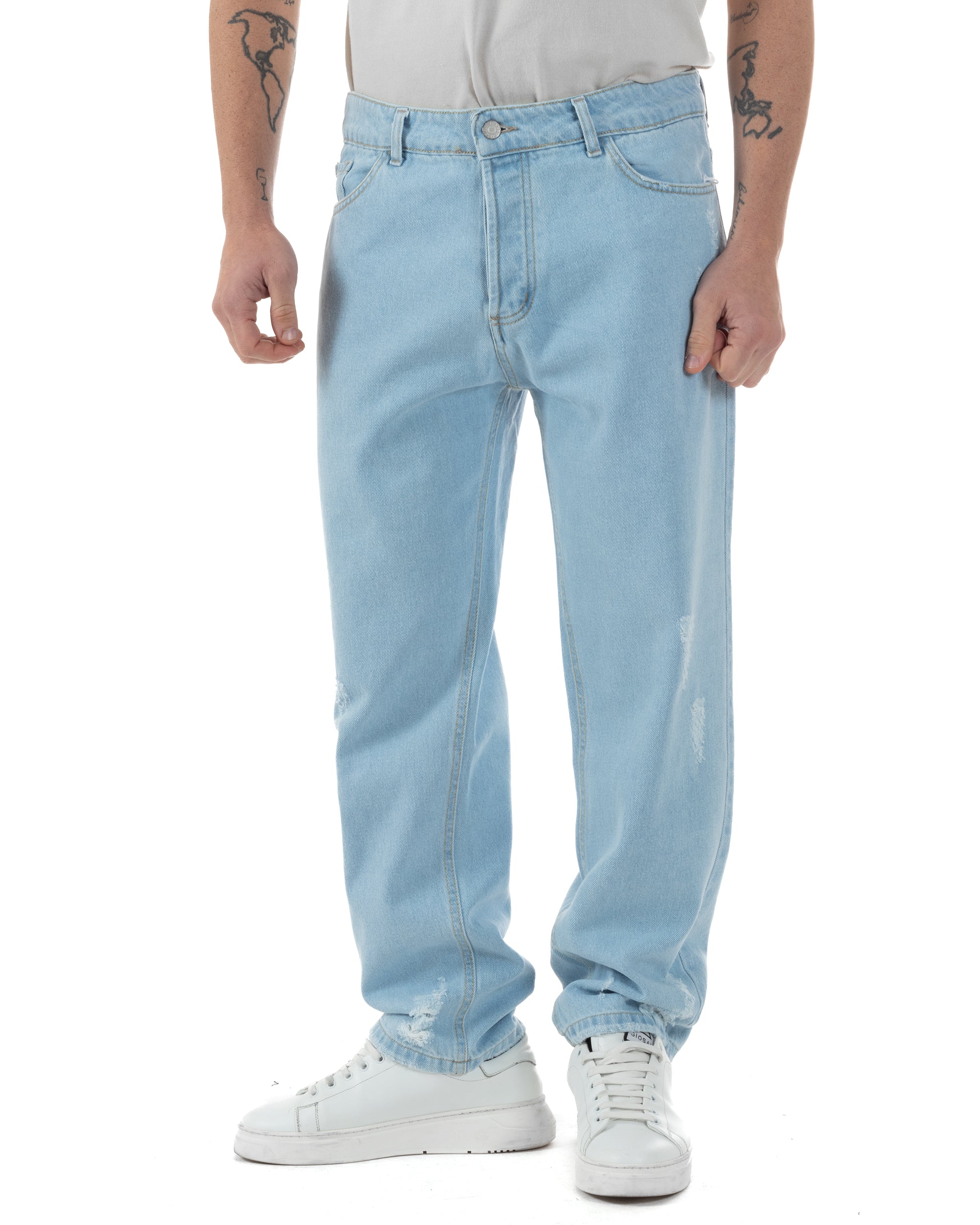 Jeans Uomo Baggy Sfrangiato Pantaloni Con Rotture Comodi Fondo Largo Casual Denim Chiaro GIOSAL-JS1090A