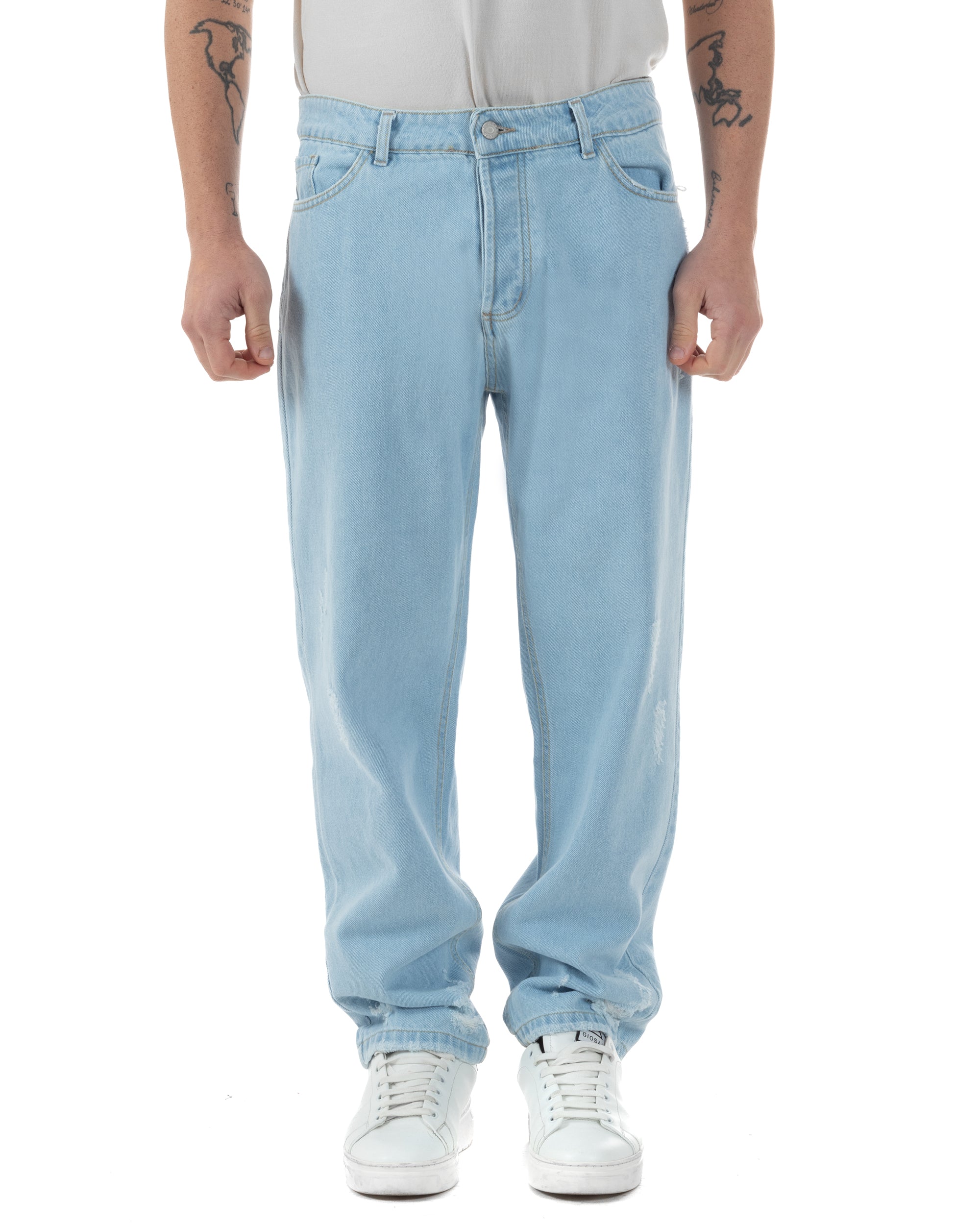 Jeans Uomo Baggy Sfrangiato Pantaloni Con Rotture Comodi Fondo Largo Casual Denim Chiaro GIOSAL-JS1090A