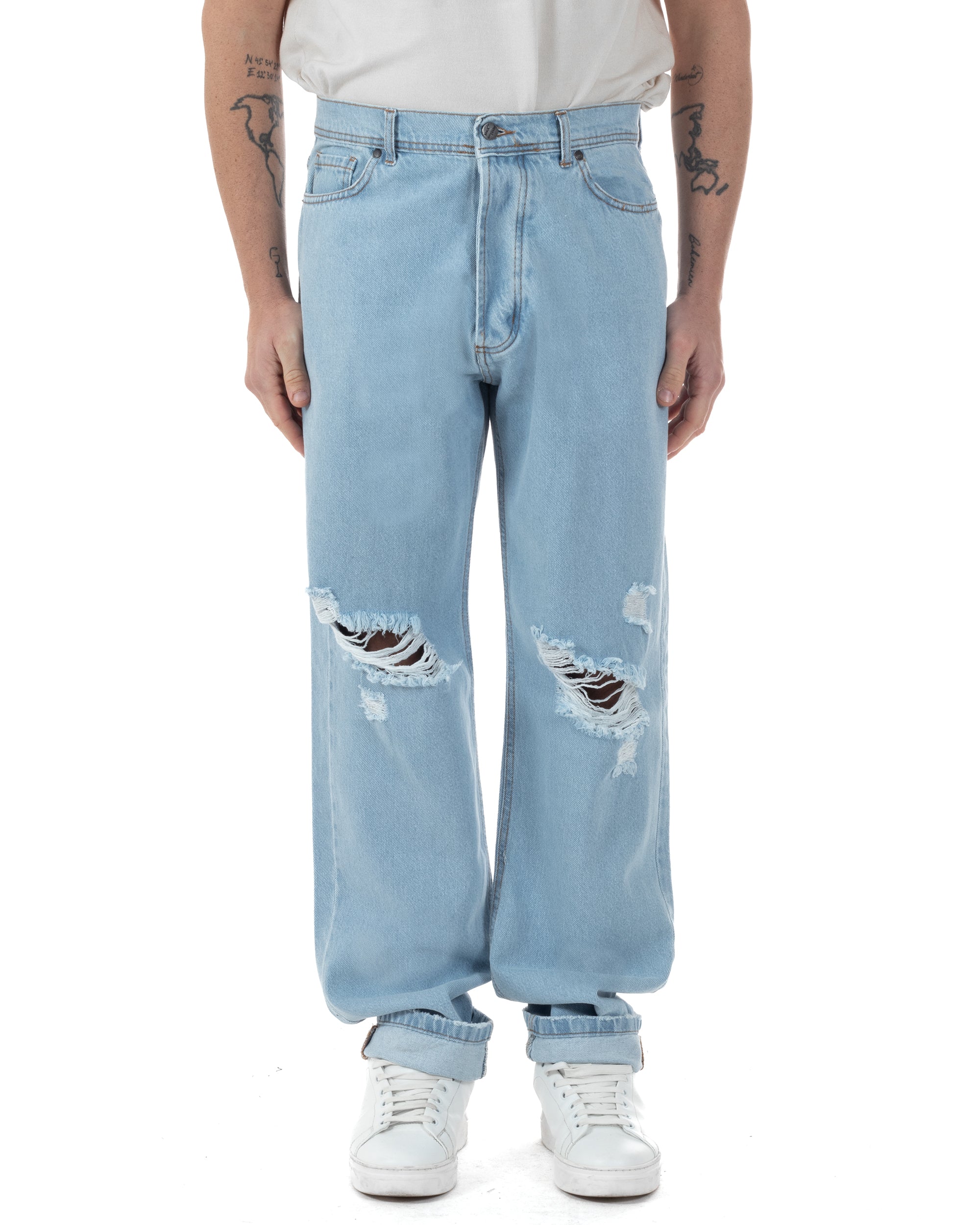 Jeans Uomo Baggy Pantaloni Con Rotture Abrasioni Fondo Largo Taglio Al Ginocchio Denim Chiaro GIOSAL-JS1093A