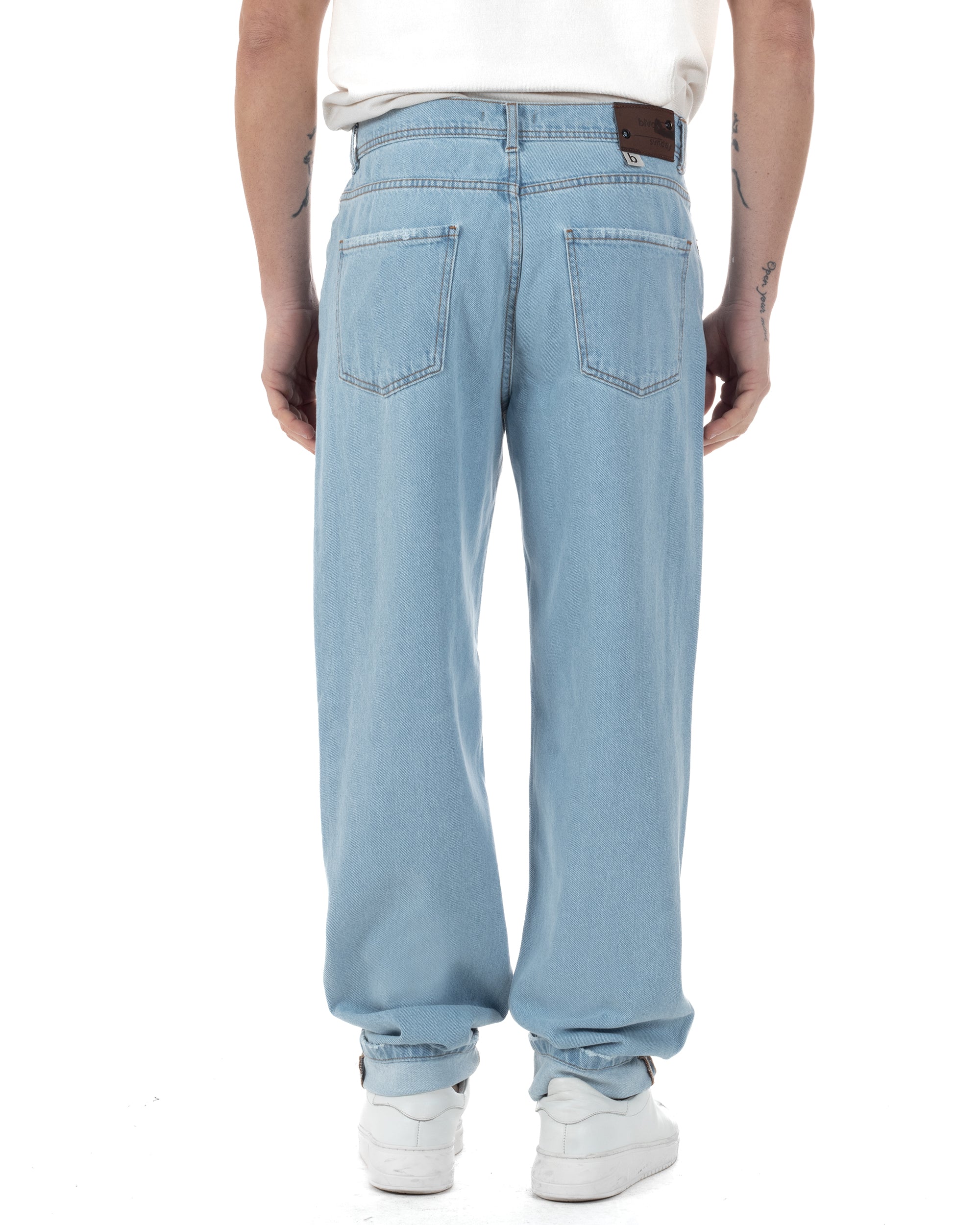 Jeans Uomo Baggy Pantaloni Con Rotture Abrasioni Fondo Largo Taglio Al Ginocchio Denim Chiaro GIOSAL-JS1093A
