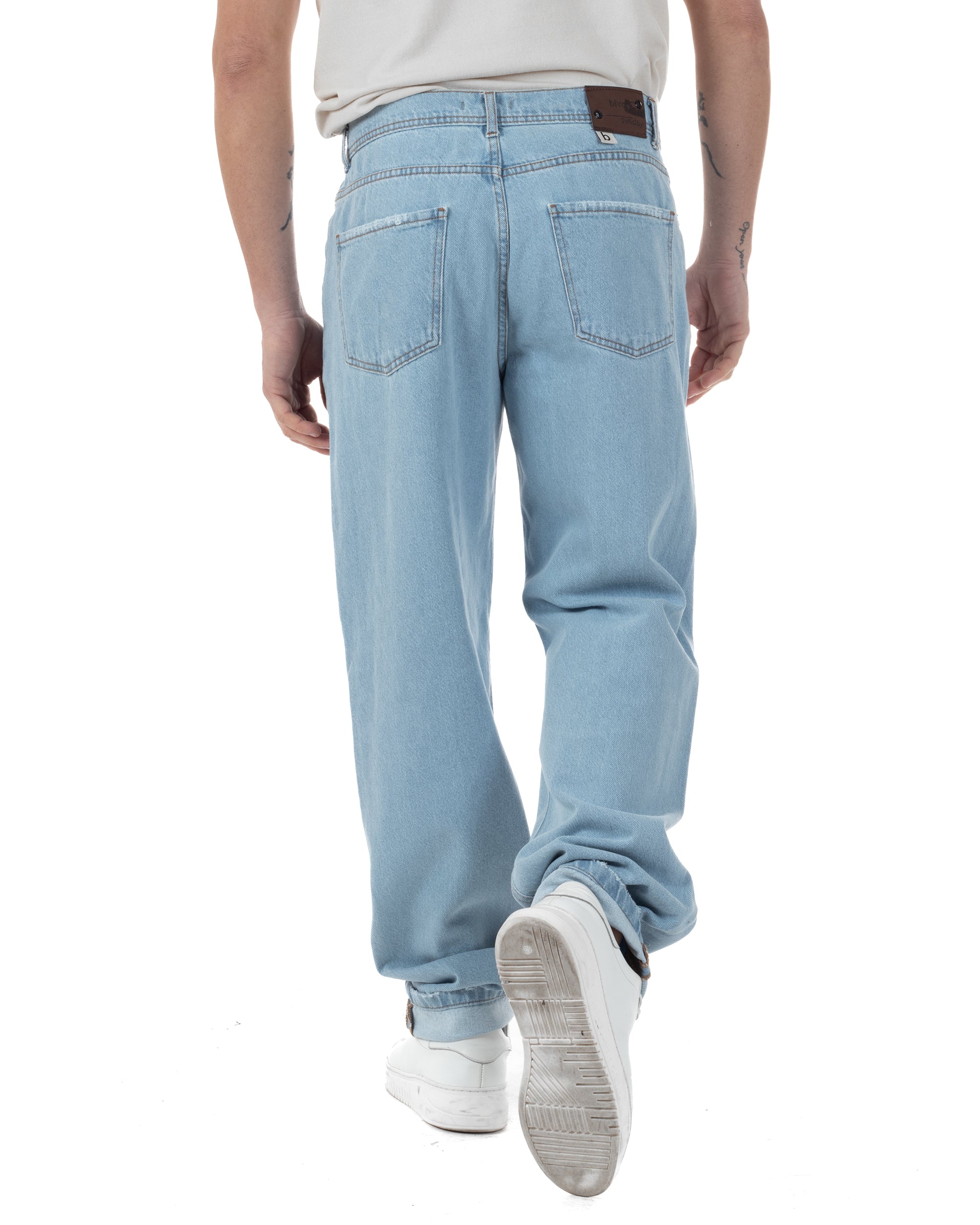 Jeans Uomo Baggy Pantaloni Con Rotture Abrasioni Fondo Largo Taglio Al Ginocchio Denim Chiaro GIOSAL-JS1093A