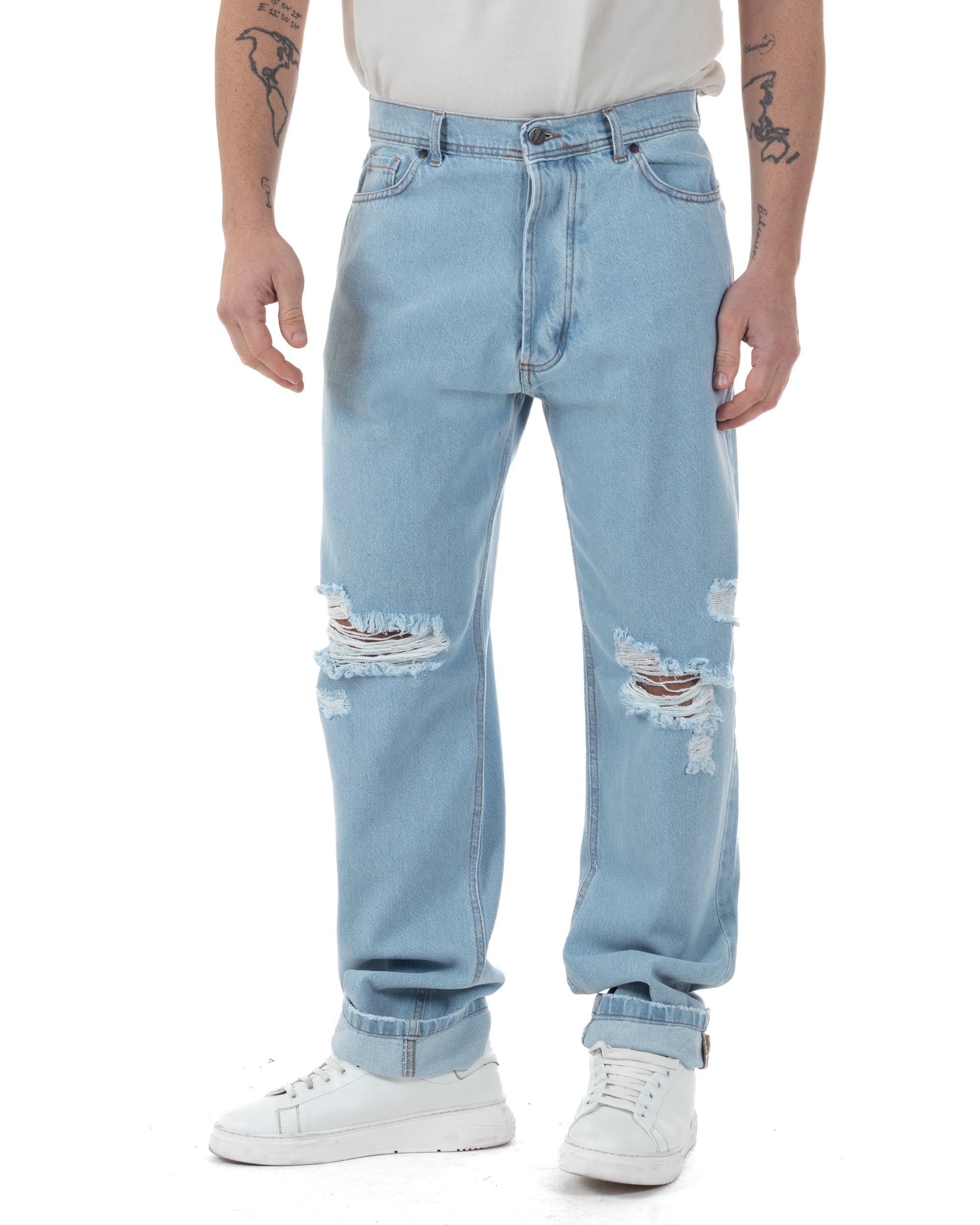 Jeans Uomo Baggy Pantaloni Con Rotture Abrasioni Fondo Largo Taglio Al Ginocchio Denim Chiaro GIOSAL-JS1093A